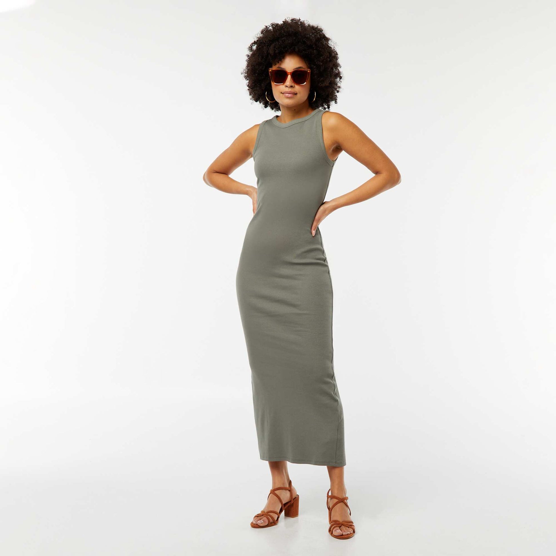 Robe midi côtelée sans manches VERT