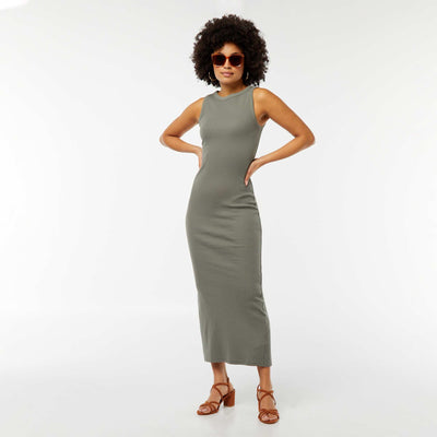 Robe midi côtelée sans manches VERT
