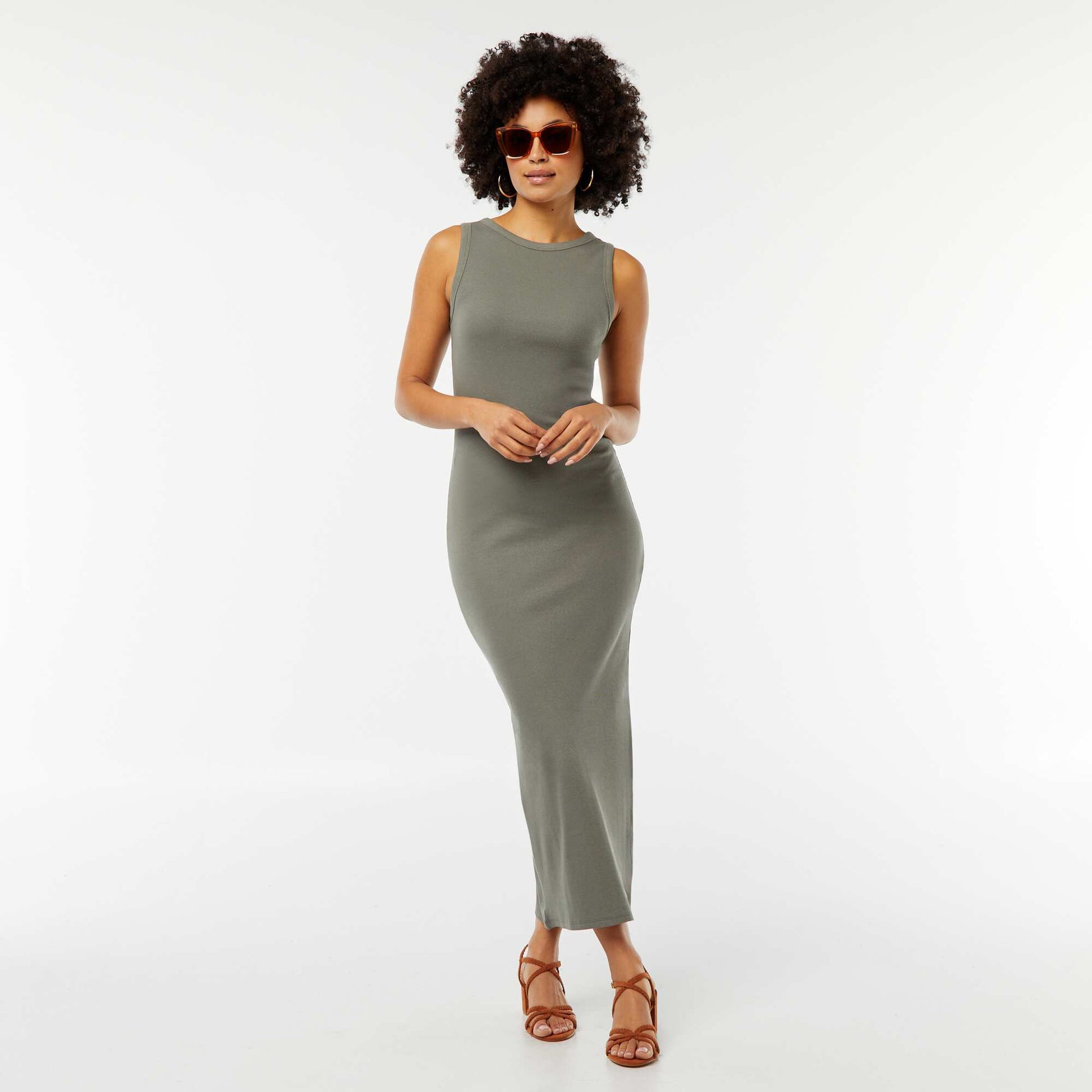 Robe midi côtelée sans manches VERT