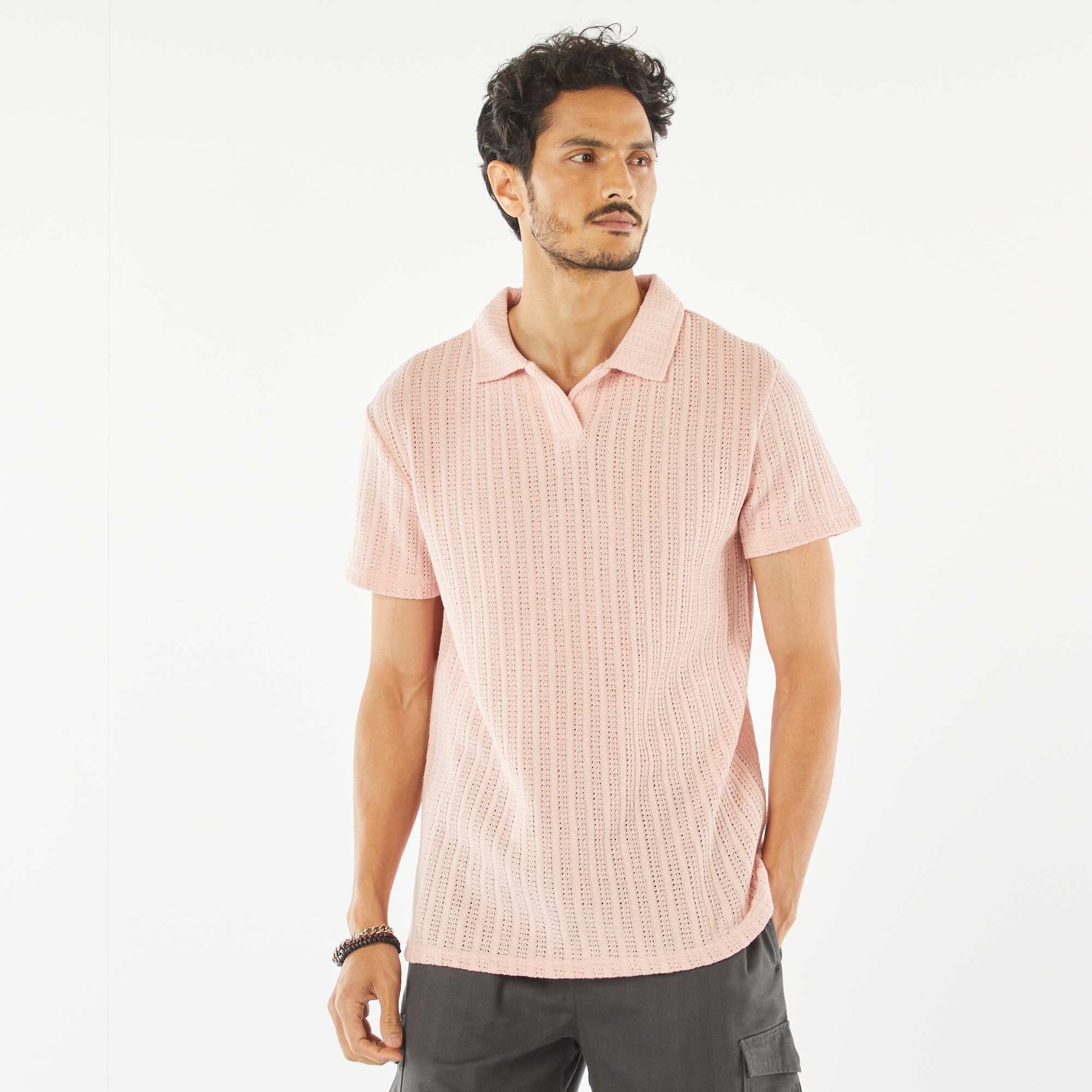 Polo en maille gaufrée à manches courtes ROSE