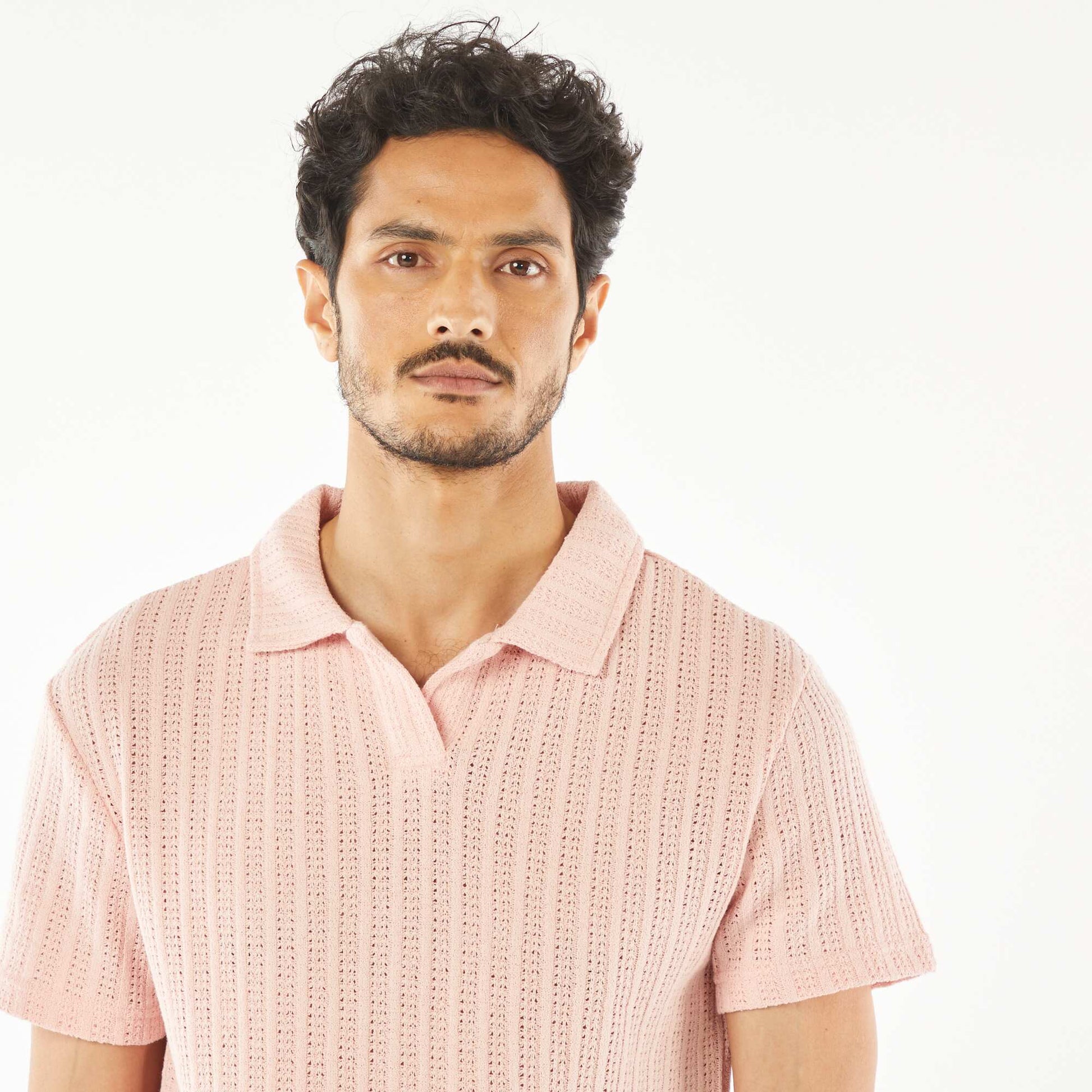Polo en maille gaufrée à manches courtes ROSE