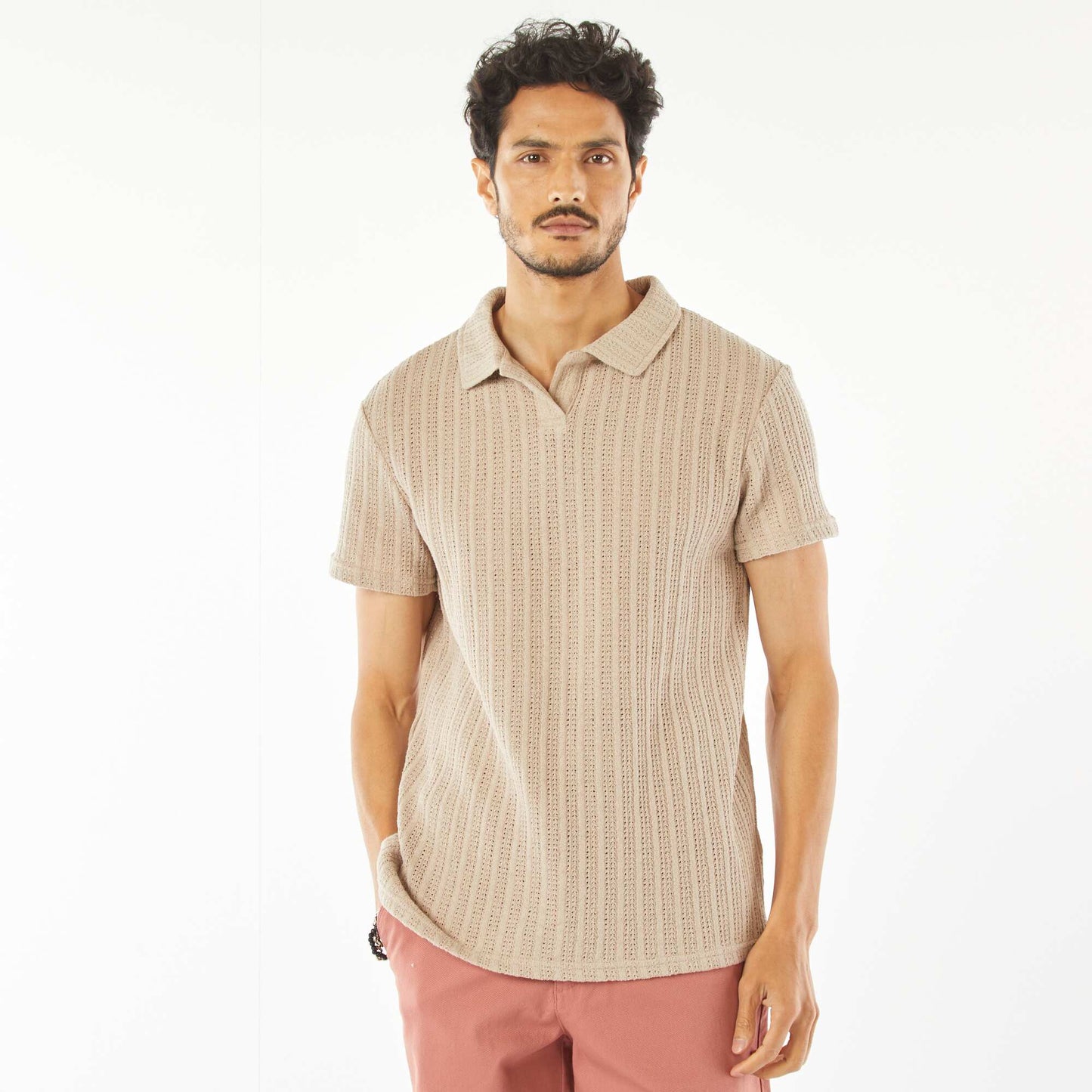 Polo en maille gaufrée à manches courtes BEIGE