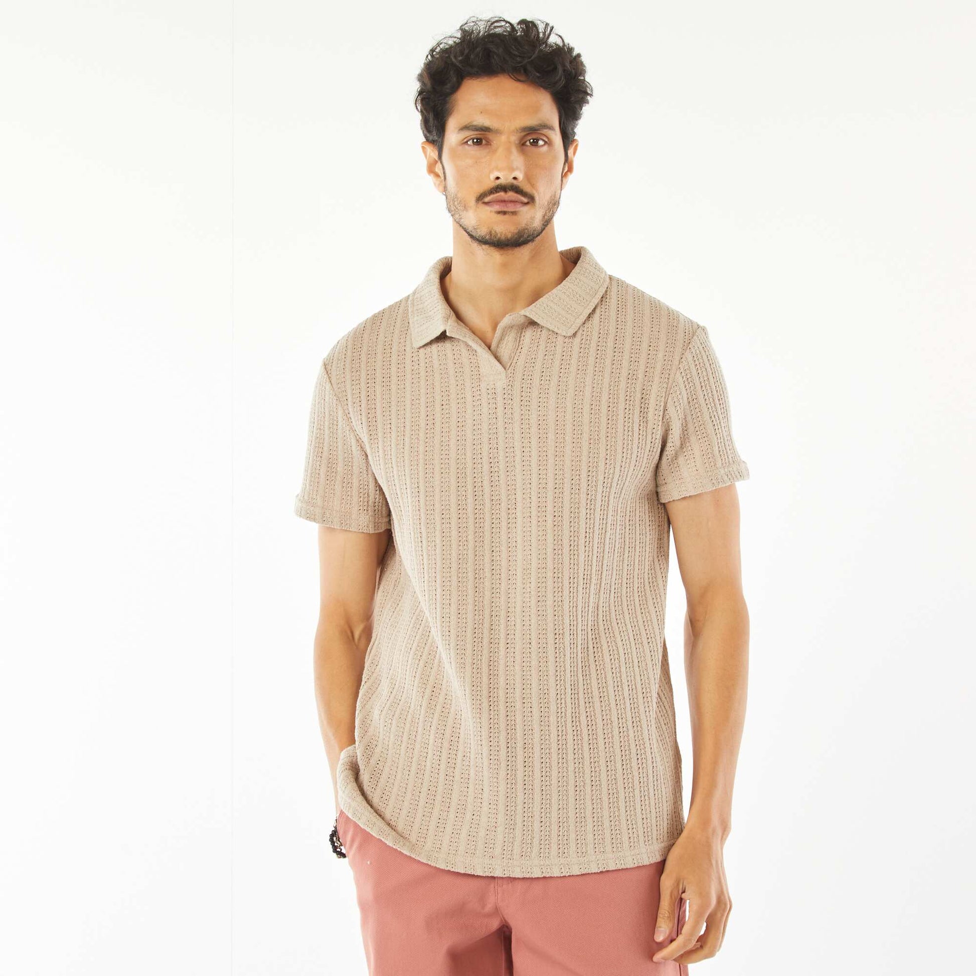 Polo en maille gaufrée à manches courtes BEIGE