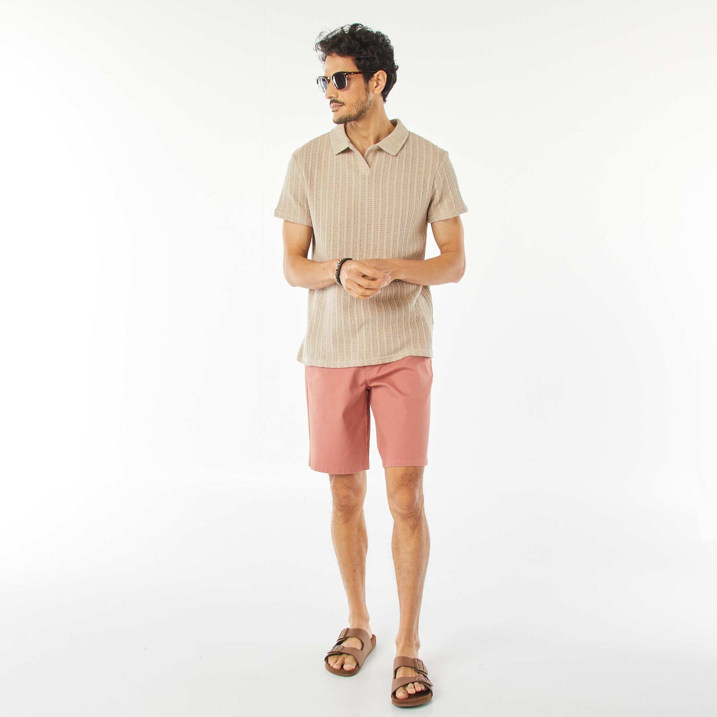 Polo en maille gaufrée à manches courtes BEIGE