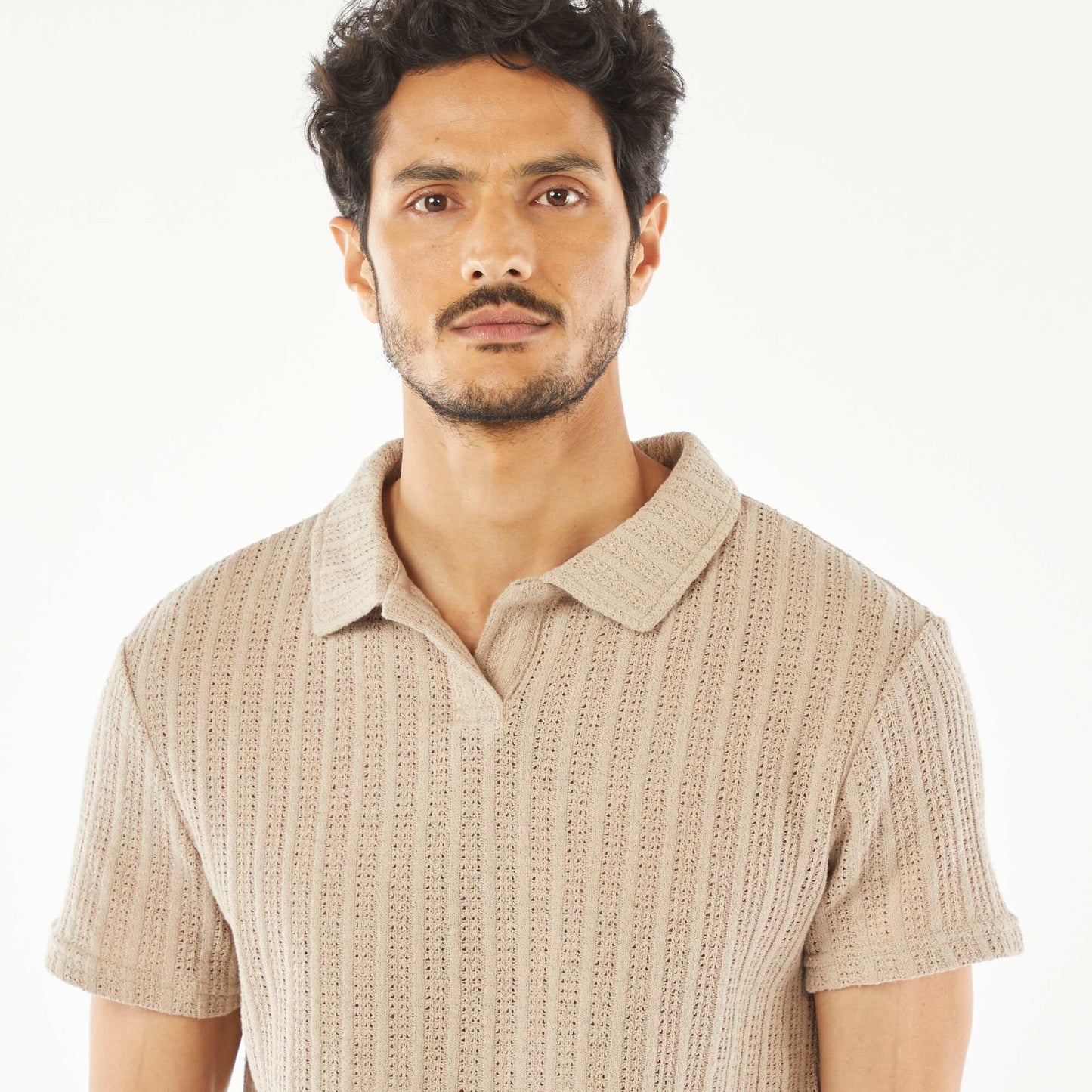 Polo en maille gaufrée à manches courtes BEIGE