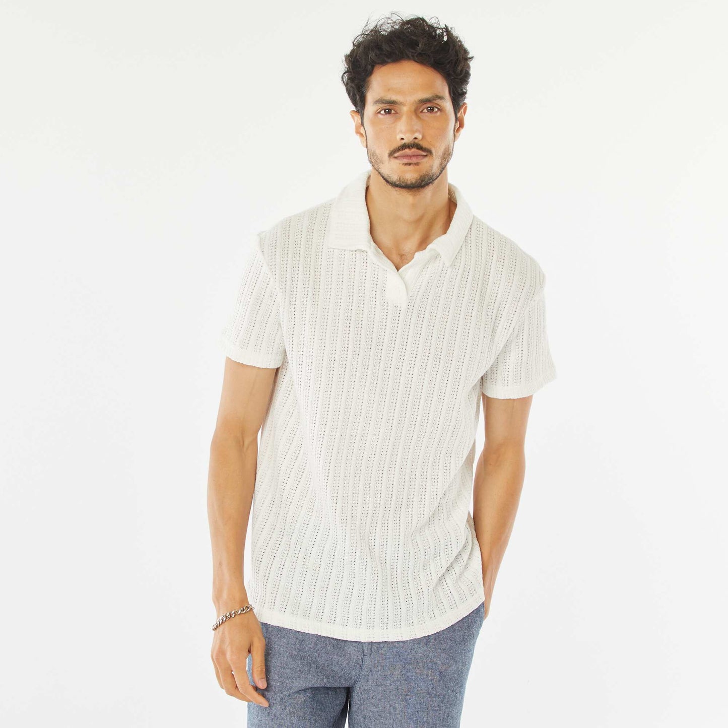 Polo en maille gaufrée à manches courtes BLANC