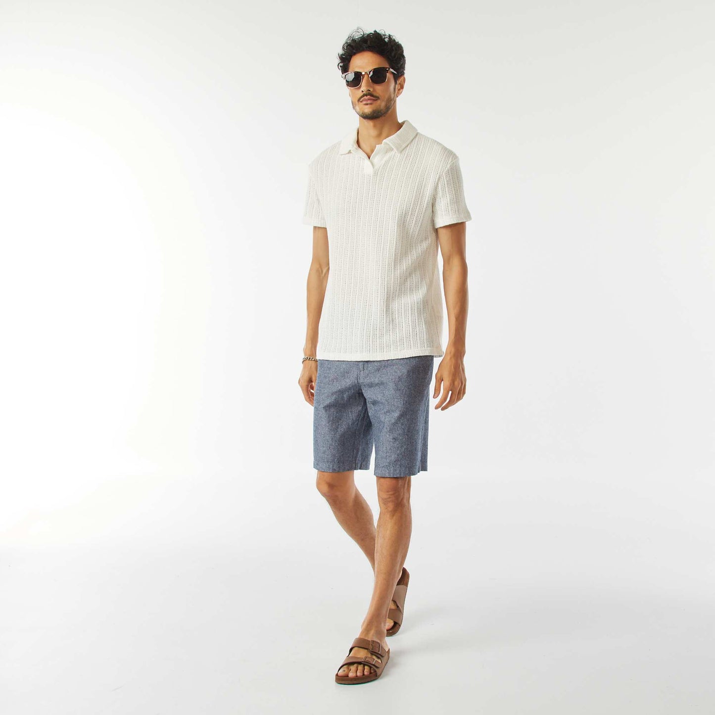 Polo en maille gaufrée à manches courtes BLANC