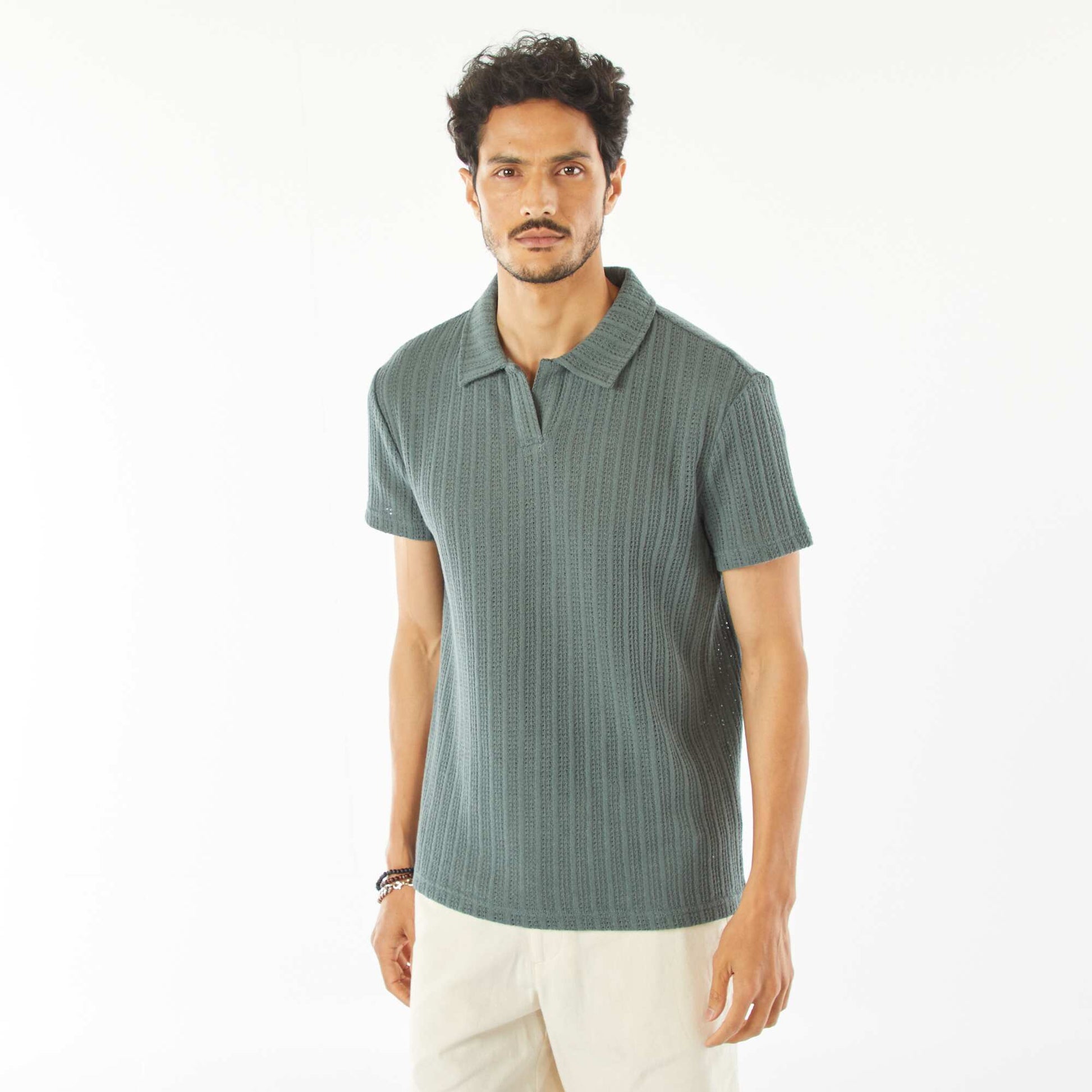Polo en maille gaufrée à manches courtes VERT