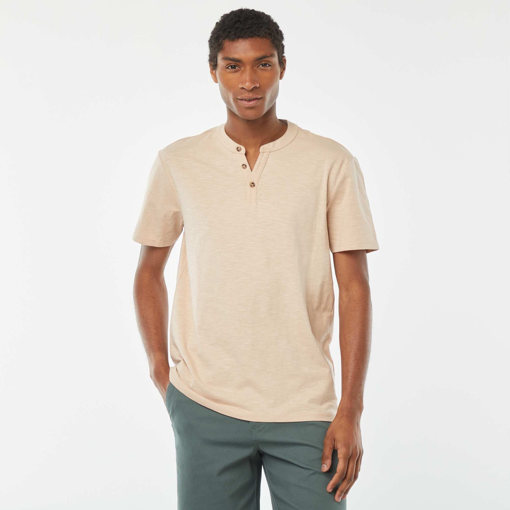 T-shirt à col tunisien manches courtes BEIGE