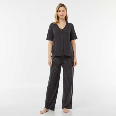Pyjama long 2 pièces en maille extra-fluide NOIR
