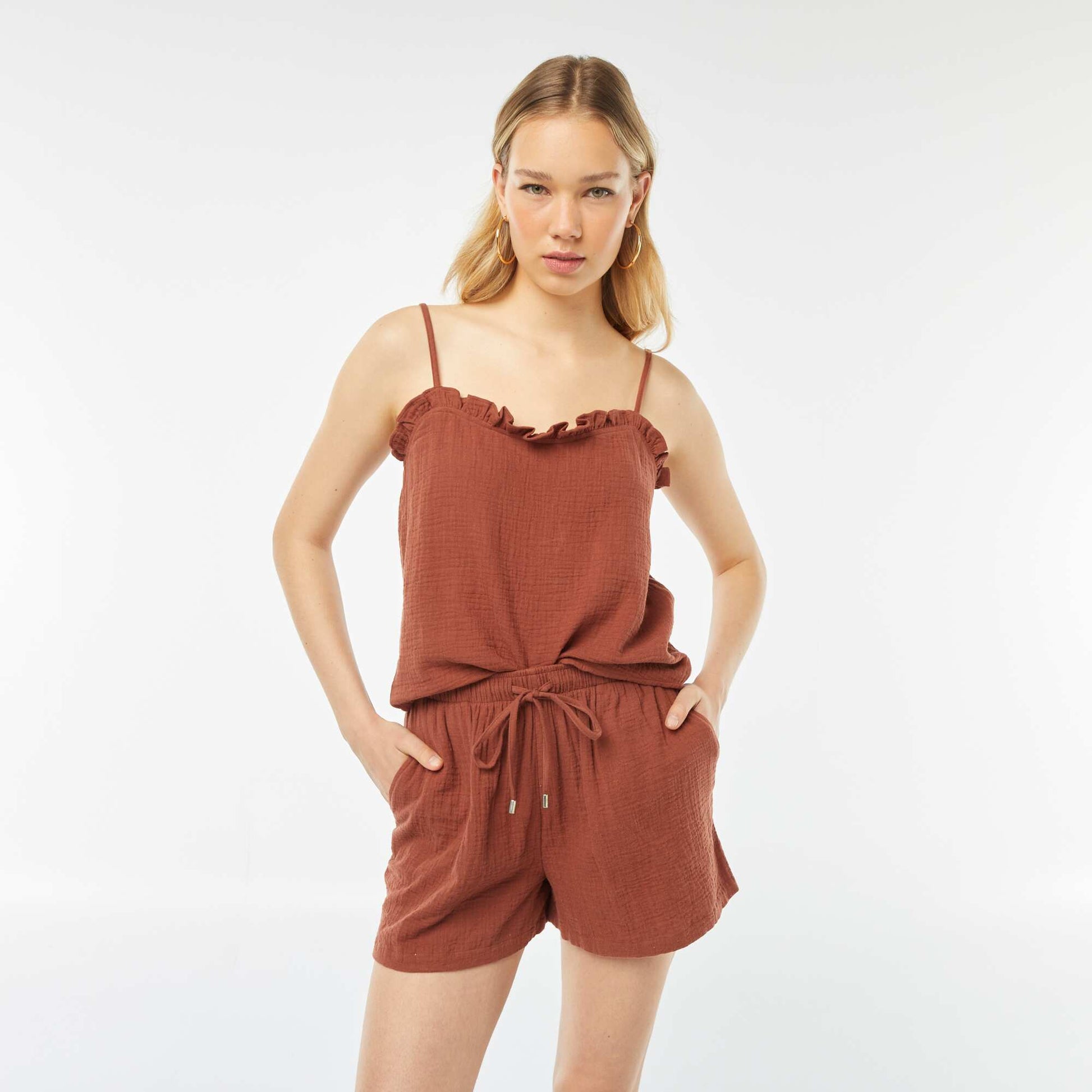 Top à bretelles en double gaze de coton MARRON