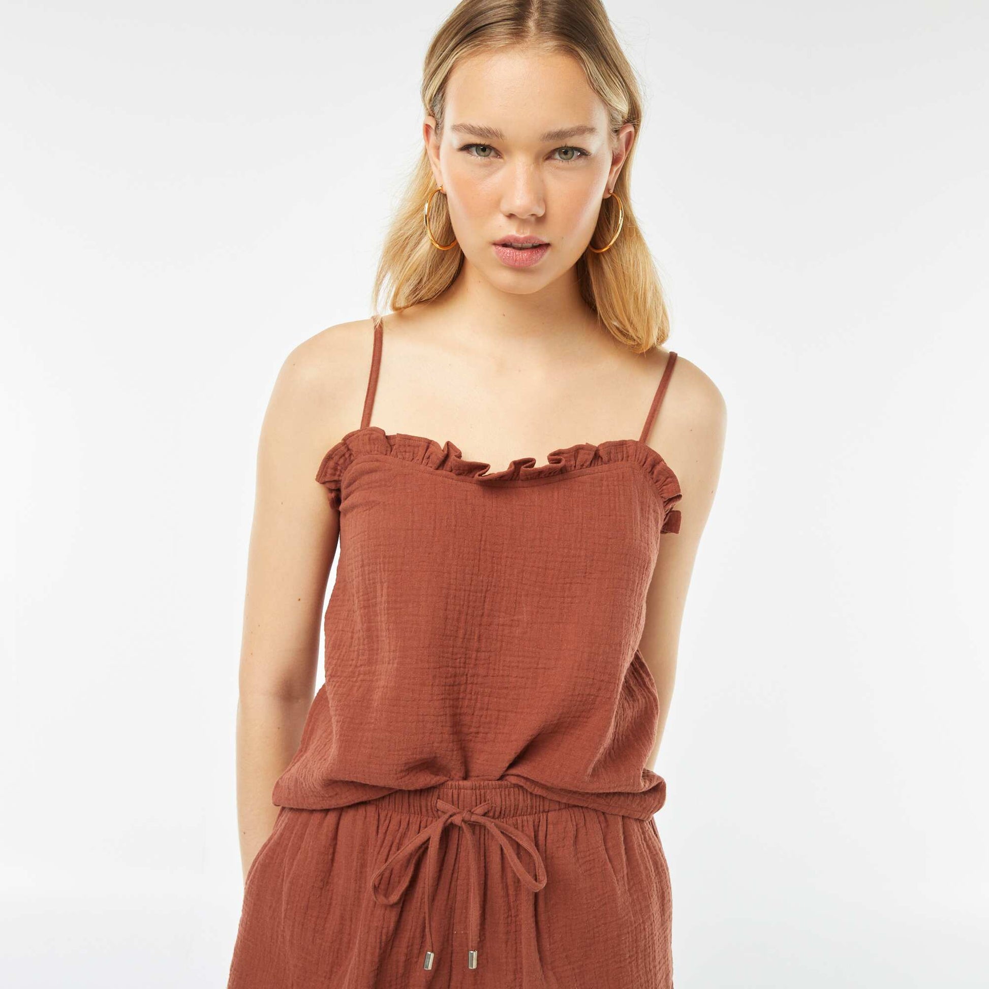 Top à bretelles en double gaze de coton MARRON