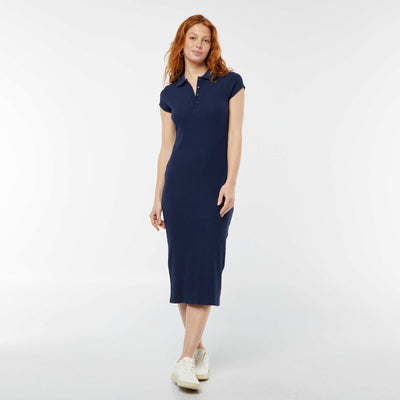 Robe midi côtelée avec un col polo NOIR