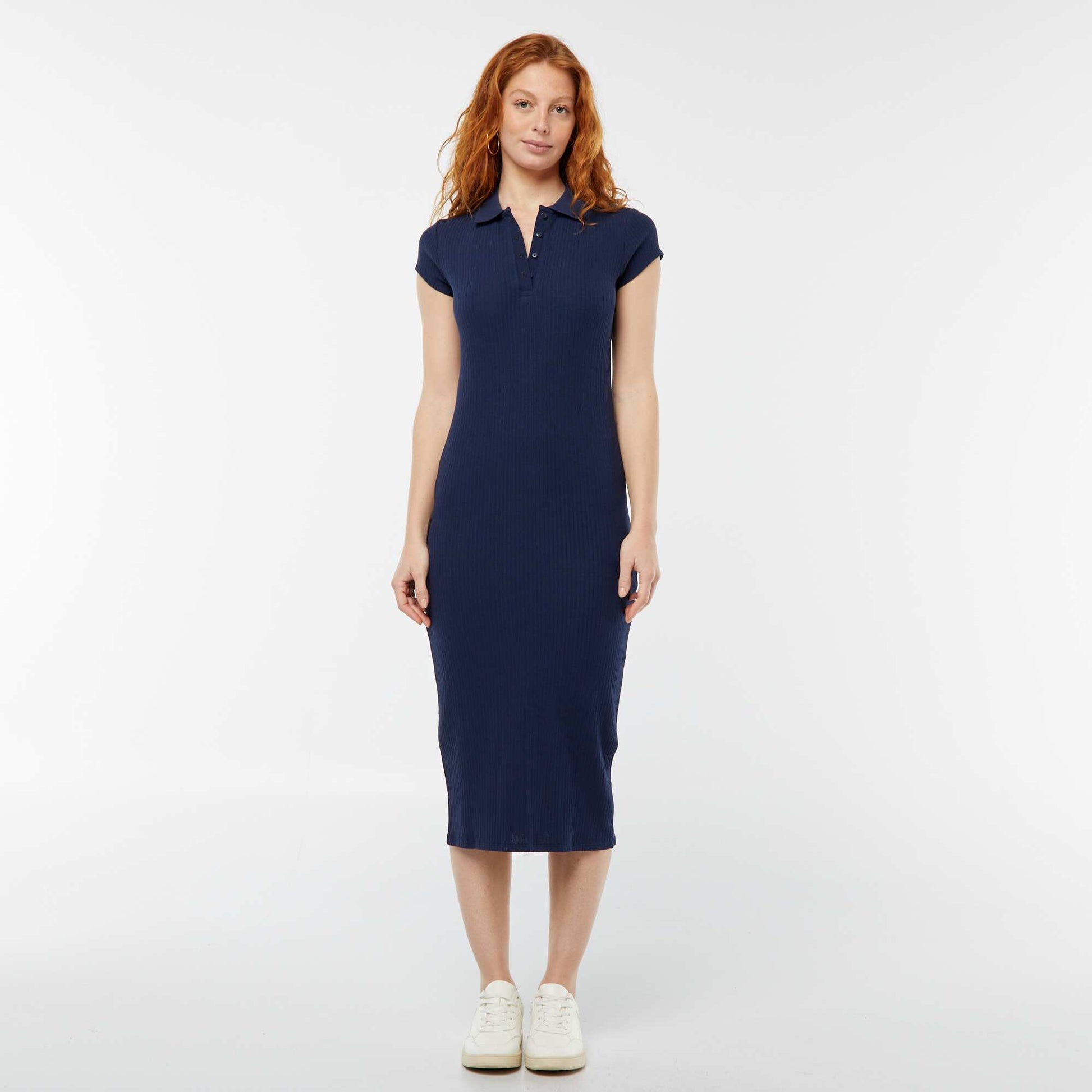 Robe midi côtelée avec un col polo NOIR