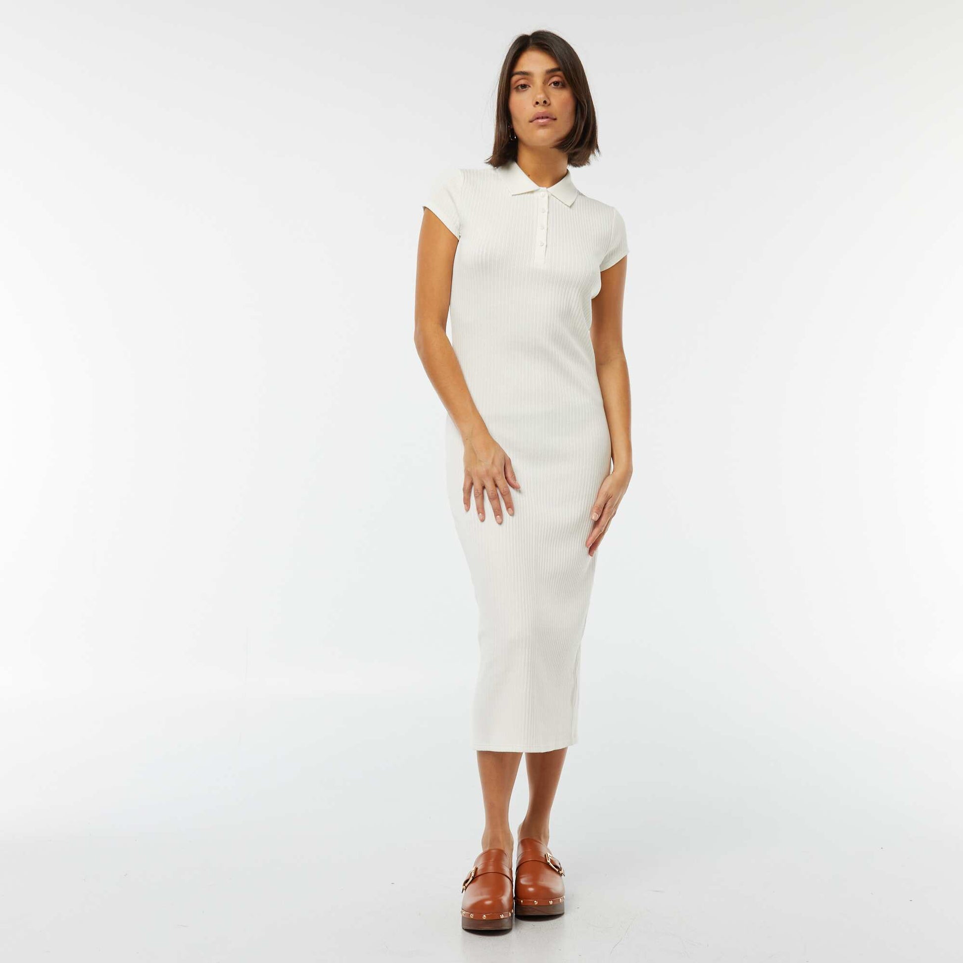 Robe midi côtelée avec un col polo BLANC