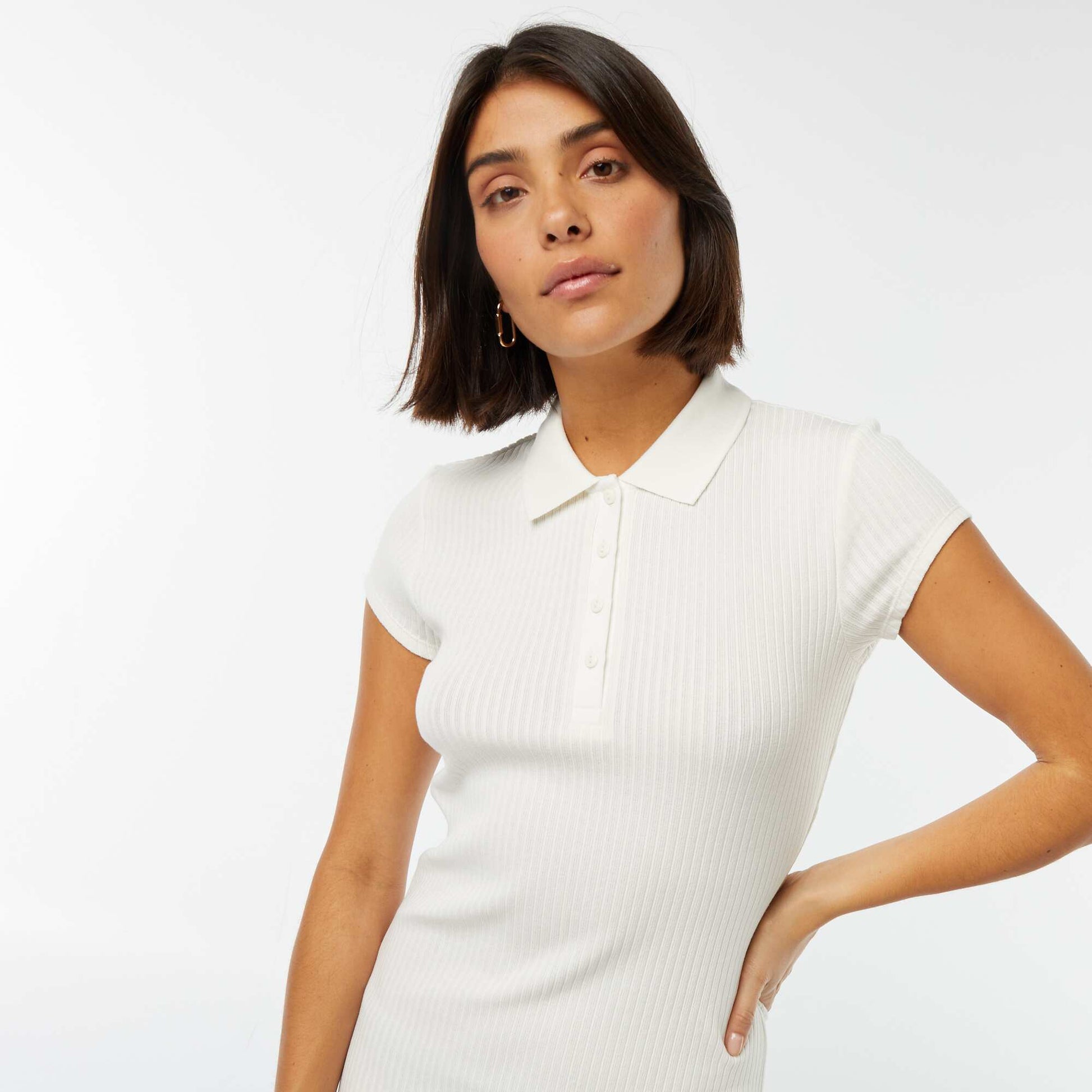 Robe midi côtelée avec un col polo BLANC