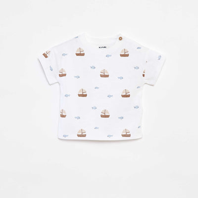 Tee-shirt manches courtes à motifs avec ouverture épaule BLANC
