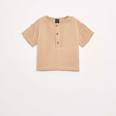 Chemise en gaze de coton à manches courtes BEIGE
