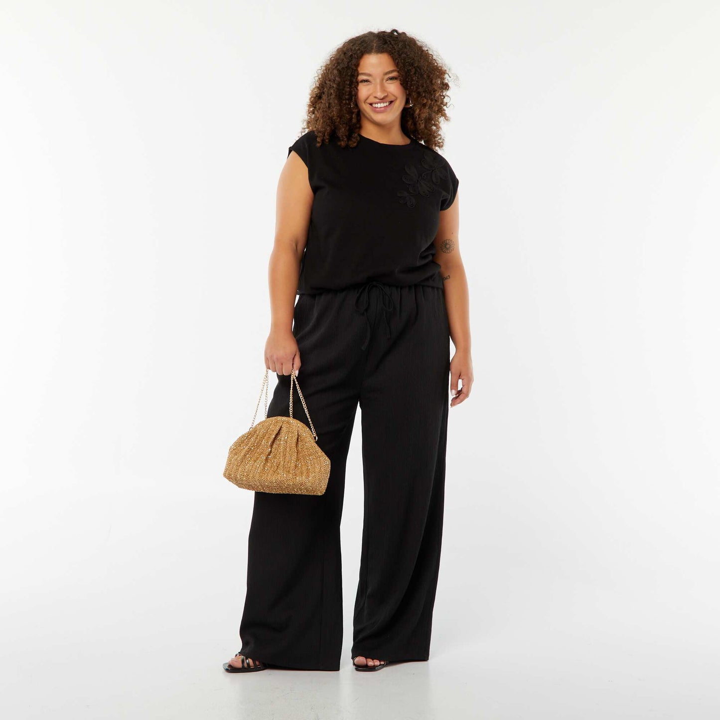 Pantalon wide leg en maille plissée NOIR