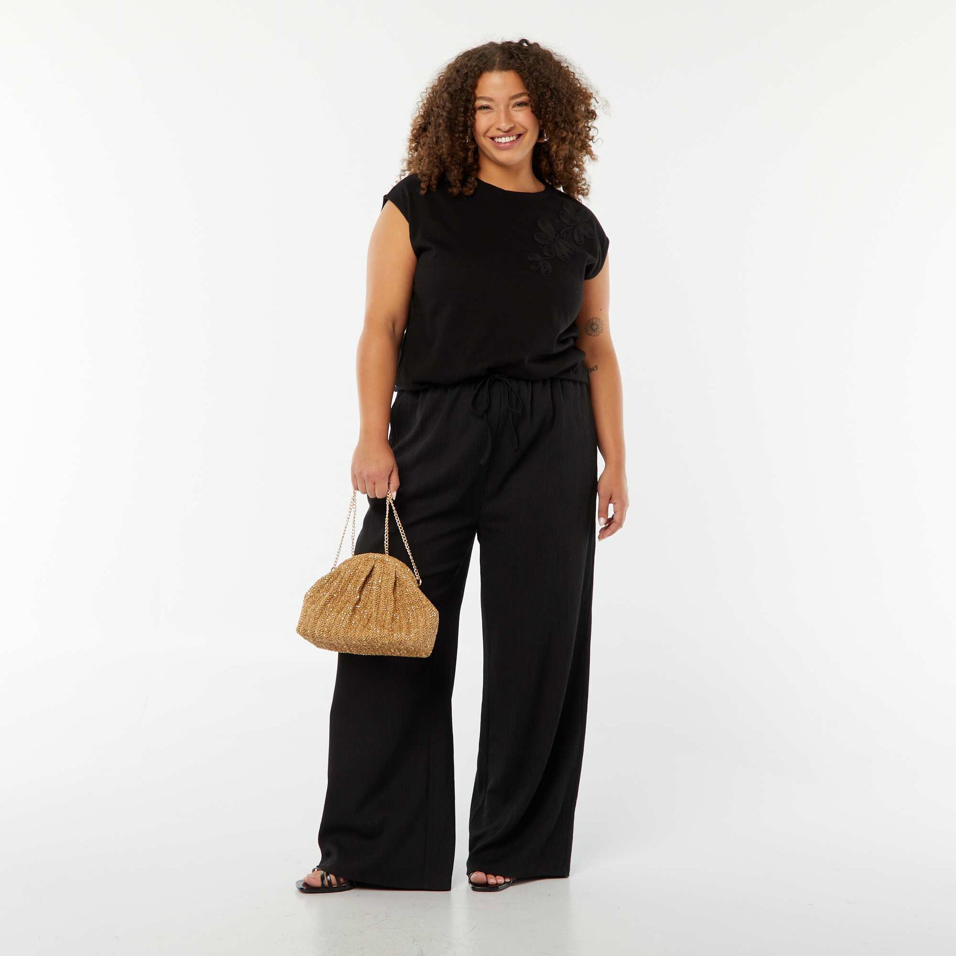 Pantalon wide leg en maille plissée NOIR