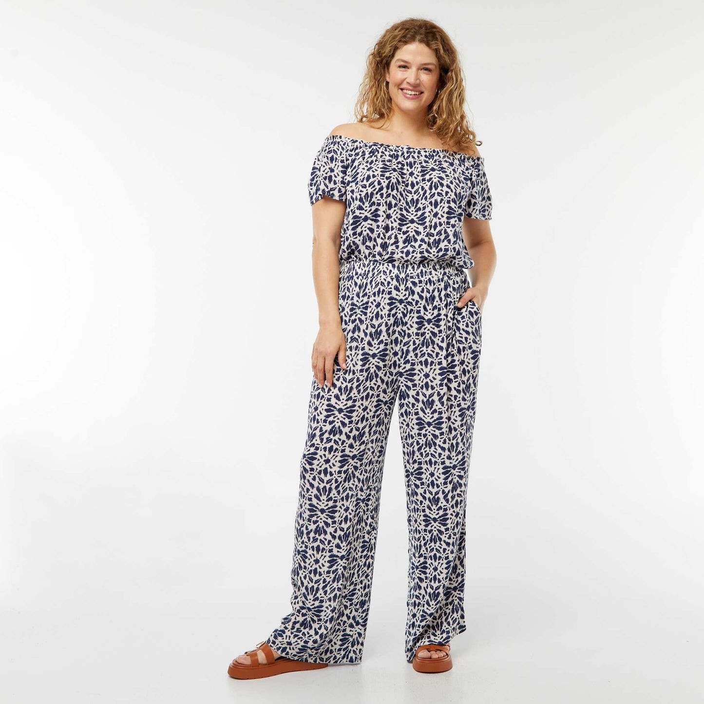 Pantalon large en maille crêpée BLEU IMPRIMé