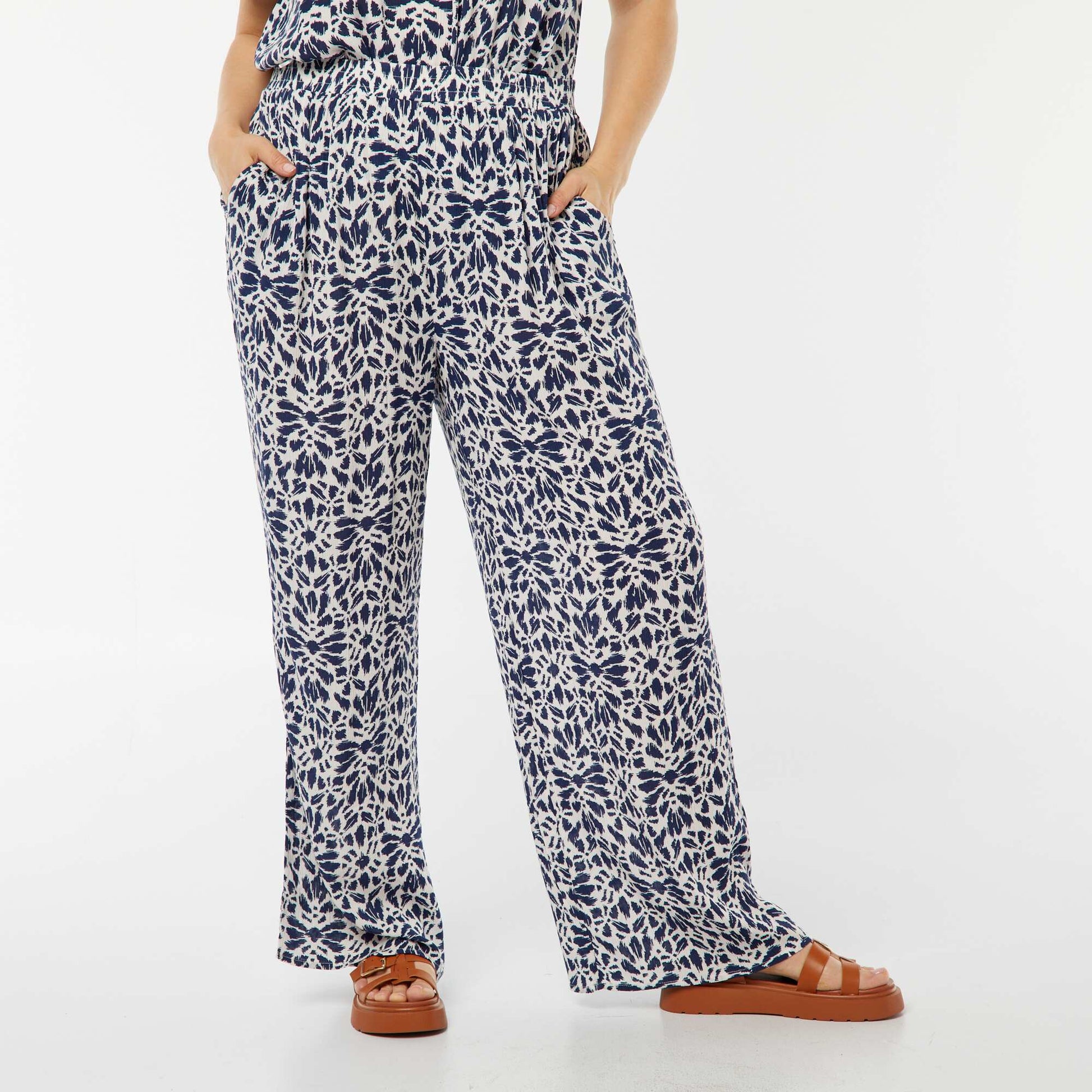 Pantalon large en maille crêpée BLEU IMPRIMé