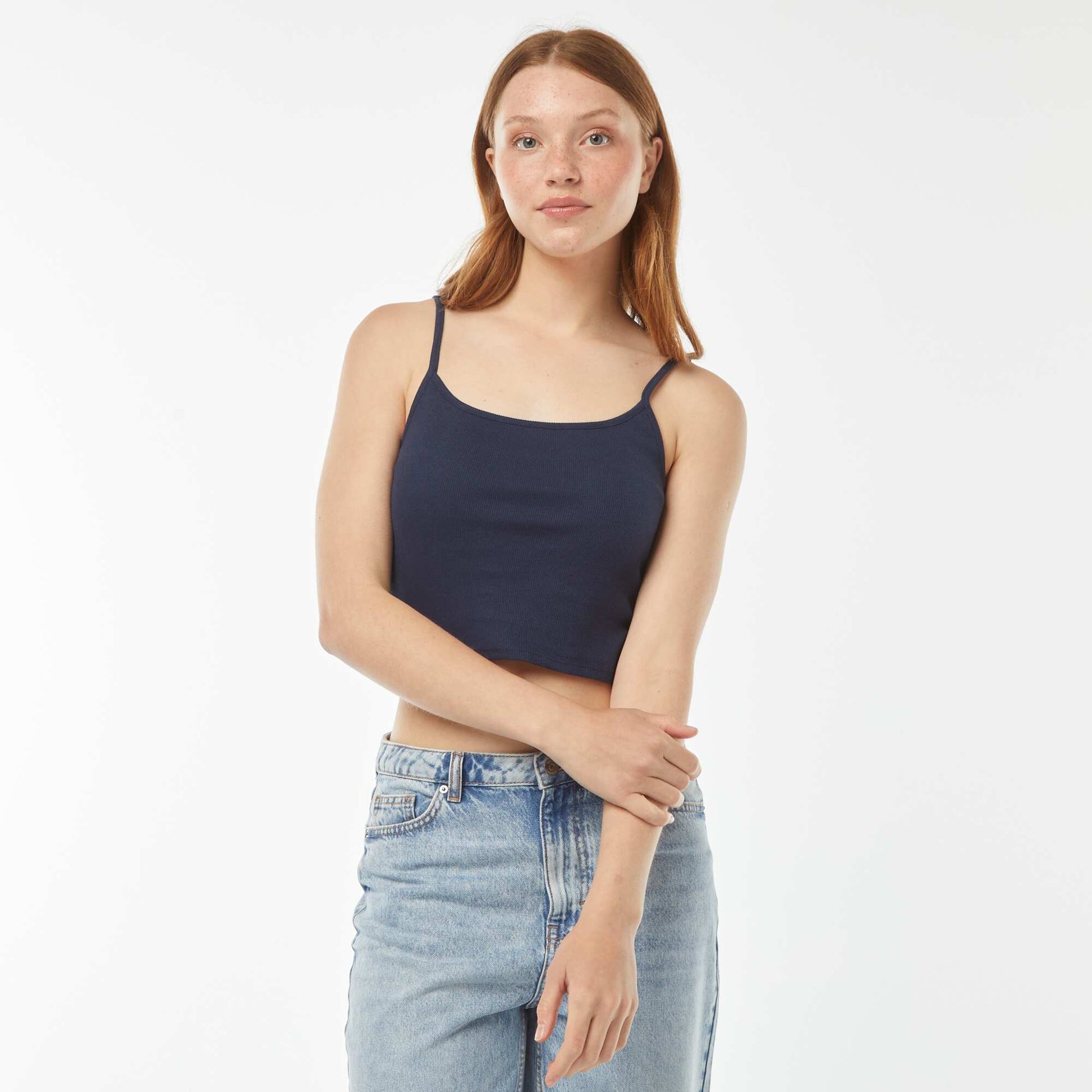 Débardeur crop-top en matière côtelée BLEU