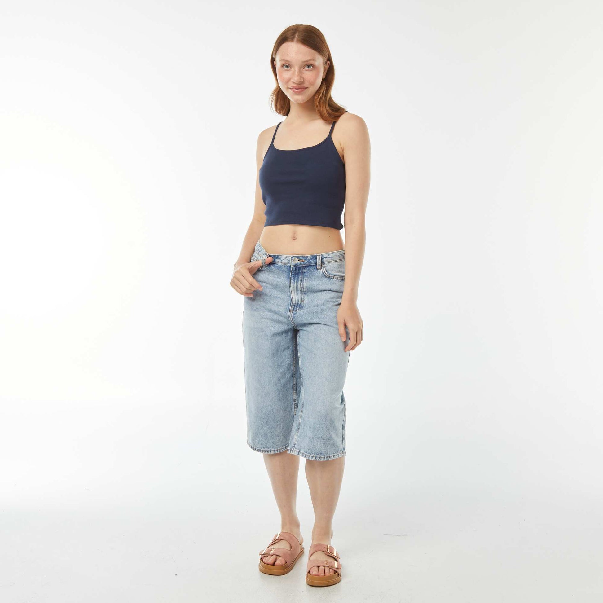 Débardeur crop-top en matière côtelée BLEU