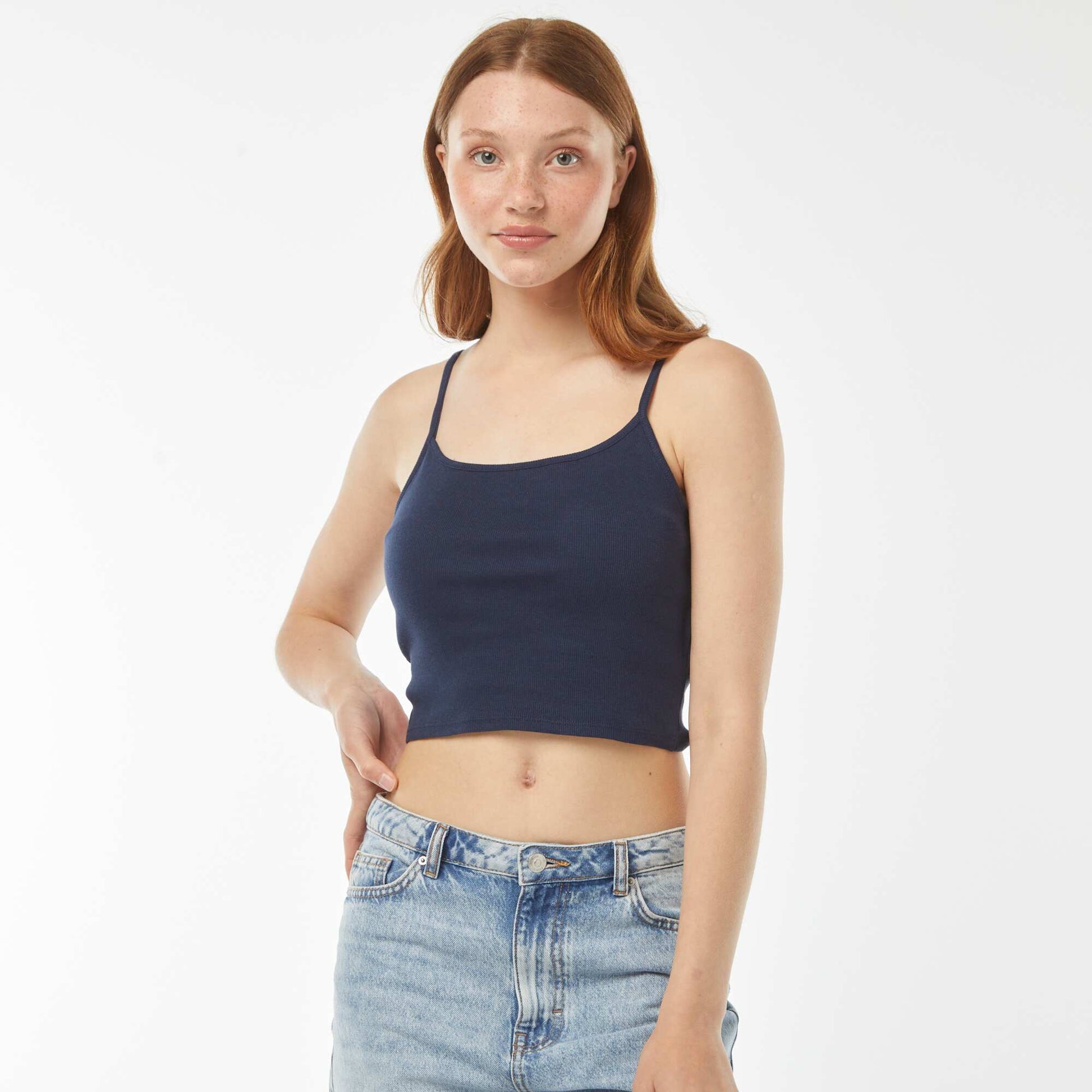Débardeur crop-top en matière côtelée BLEU