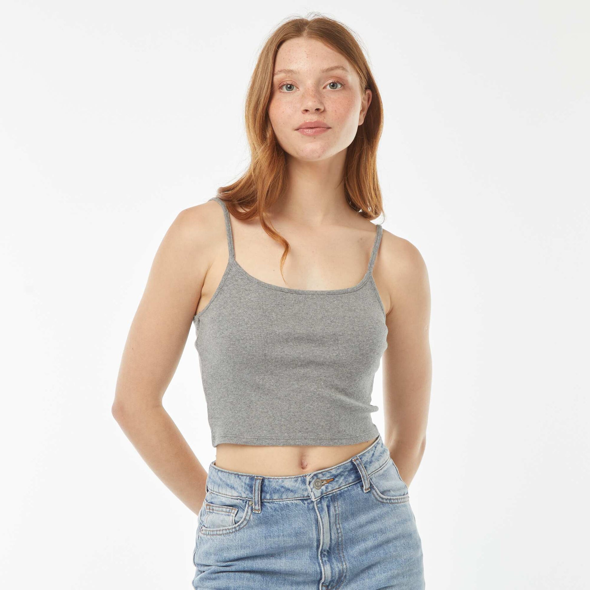 Débardeur crop-top en matière côtelée GRIS