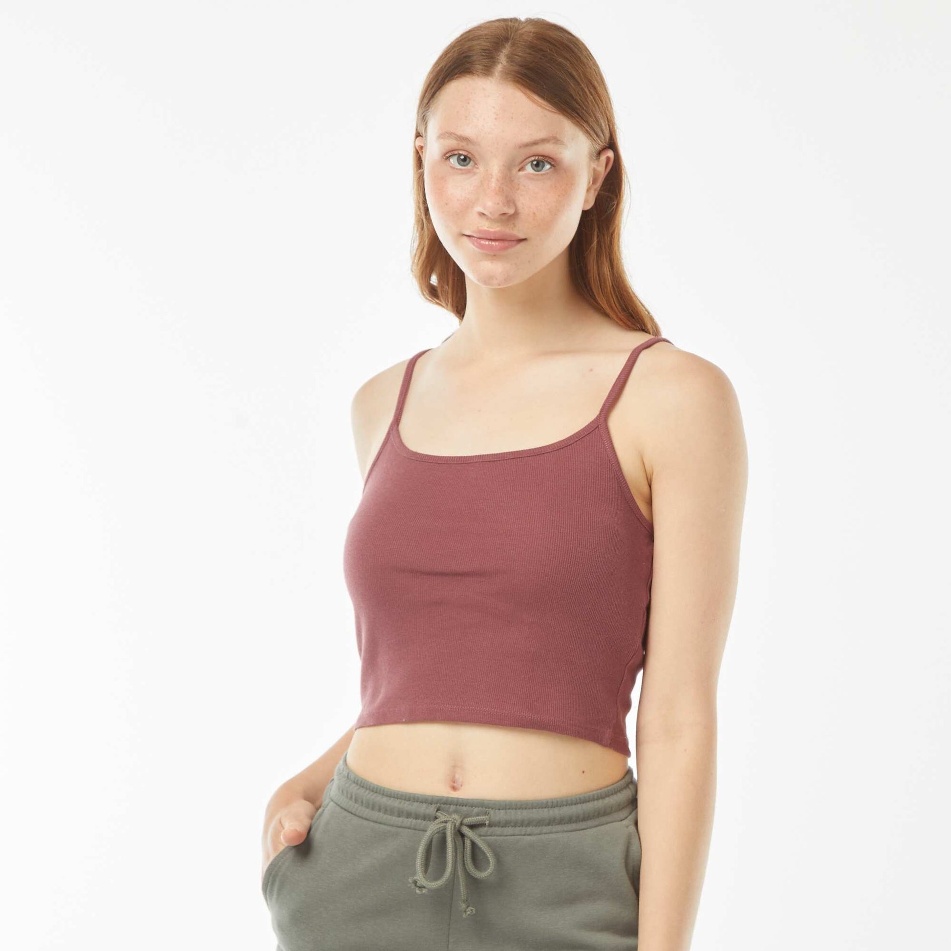 Débardeur crop-top en matière côtelée PRUNE