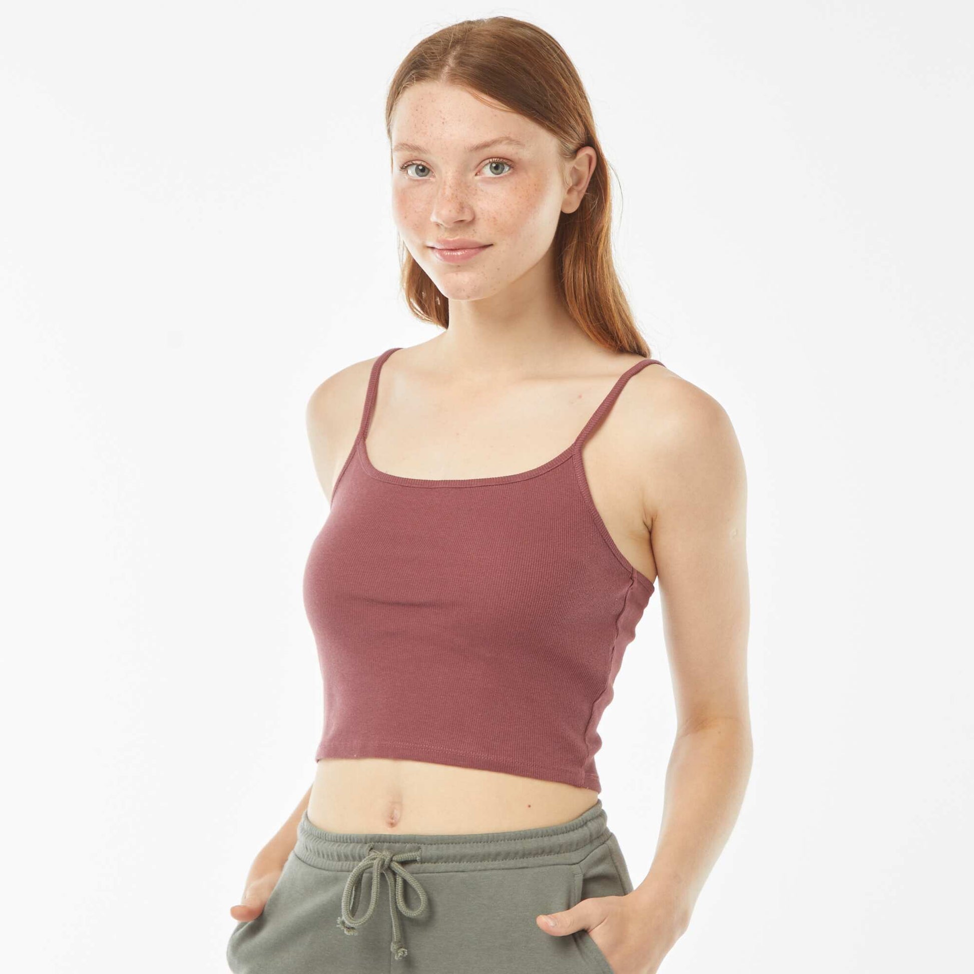 Débardeur crop-top en matière côtelée PRUNE