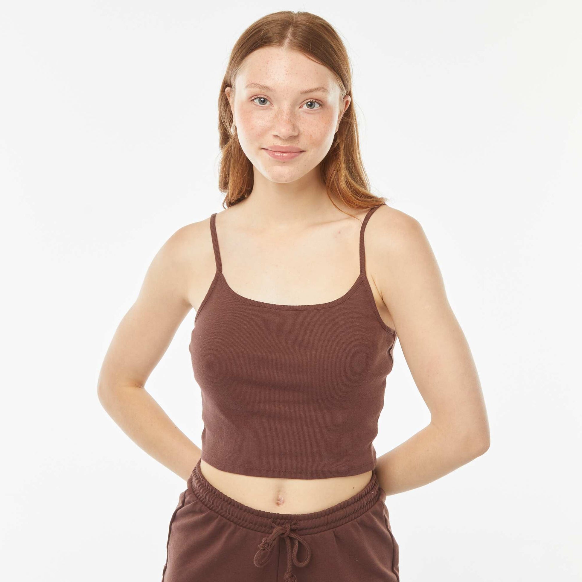 Débardeur crop-top en matière côtelée MARRON