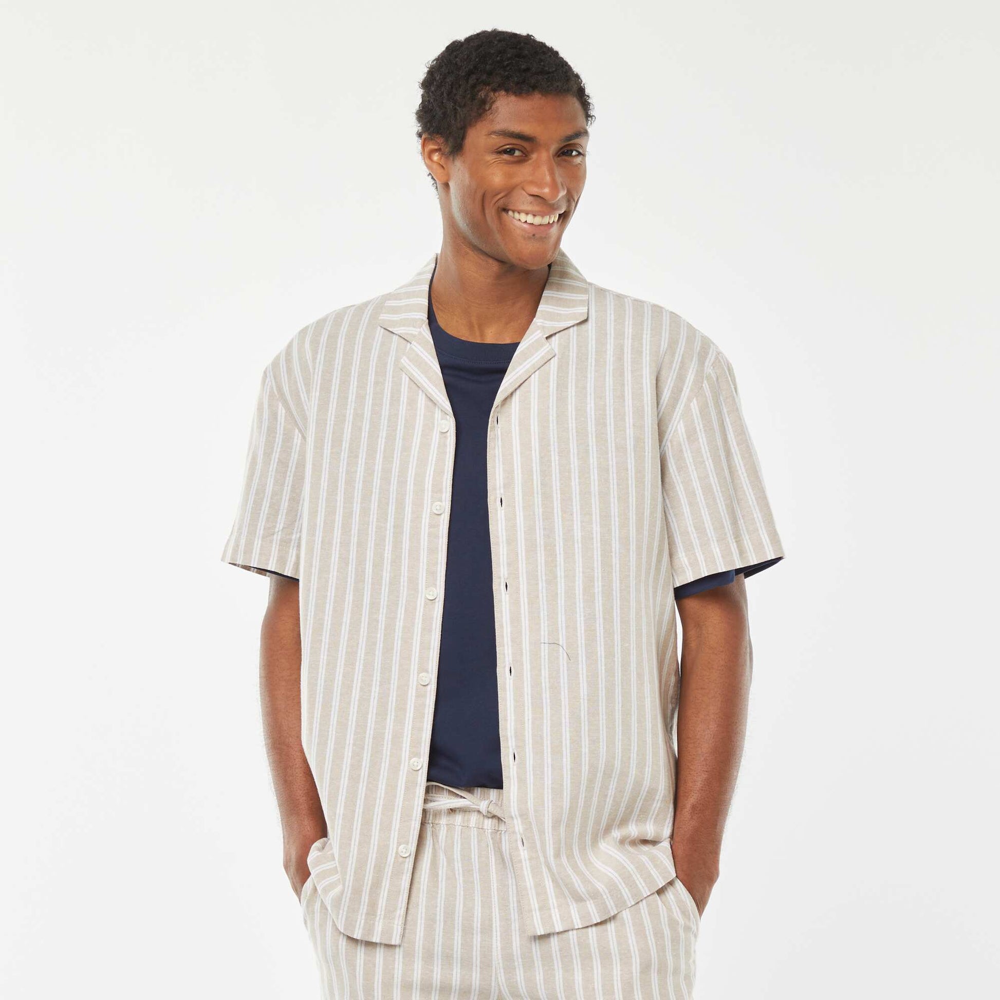 Chemise à manches courtes rayée en lin mélangé BEIGE