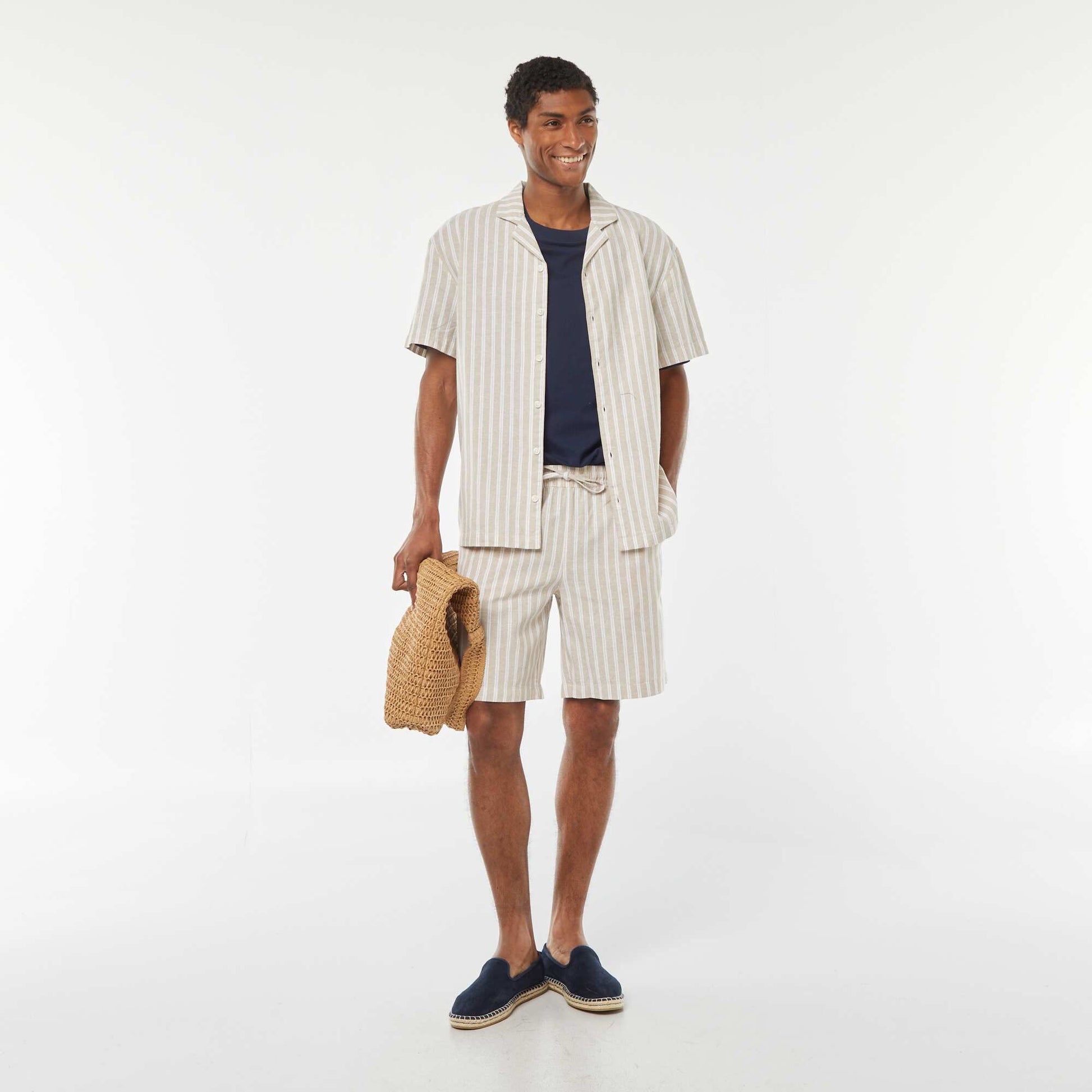 Chemise à manches courtes rayée en lin mélangé BEIGE