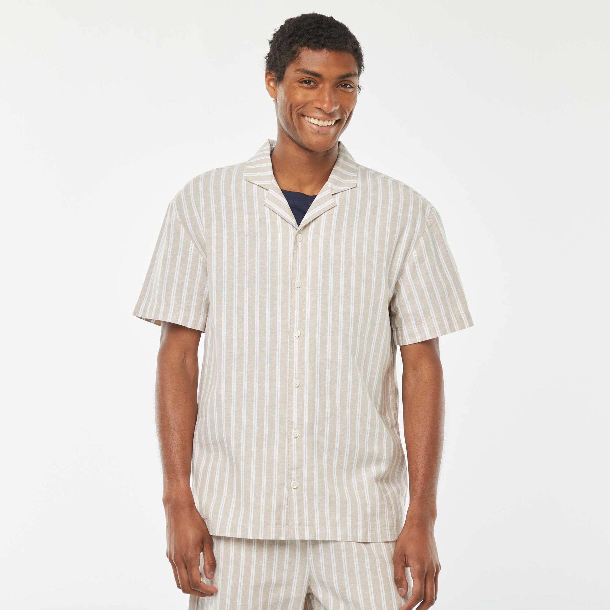 Chemise à manches courtes rayée en lin mélangé BEIGE