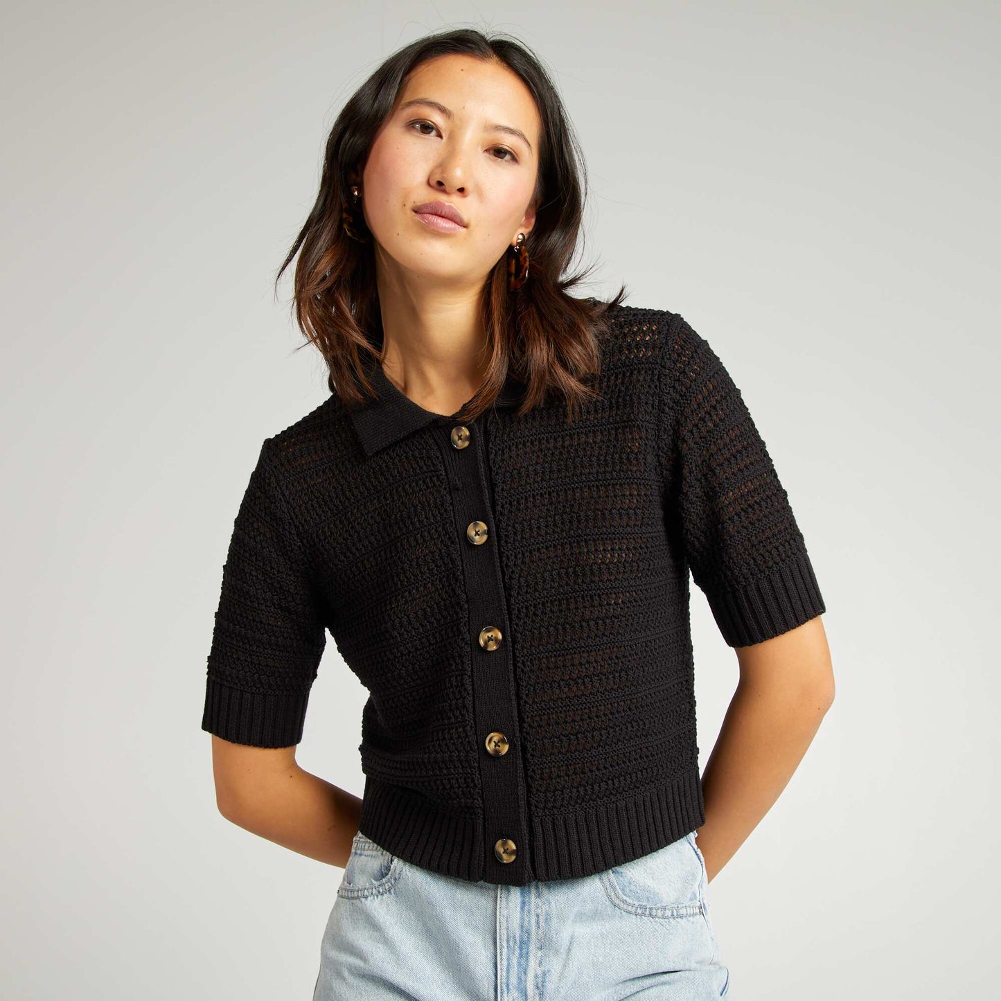Gilet crochet à manches courtes NOIR