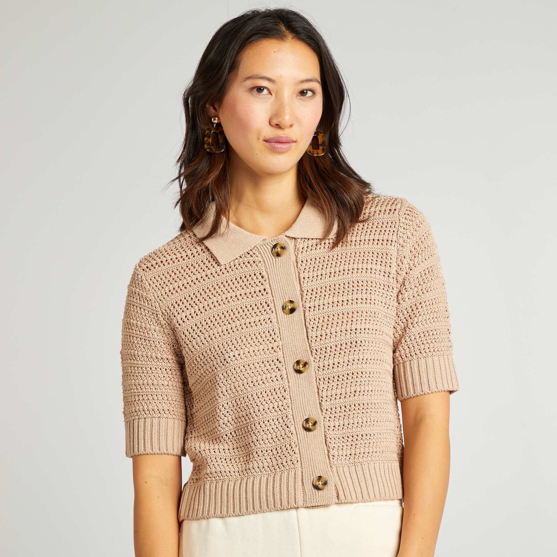 Gilet crochet à manches courtes BEIGE
