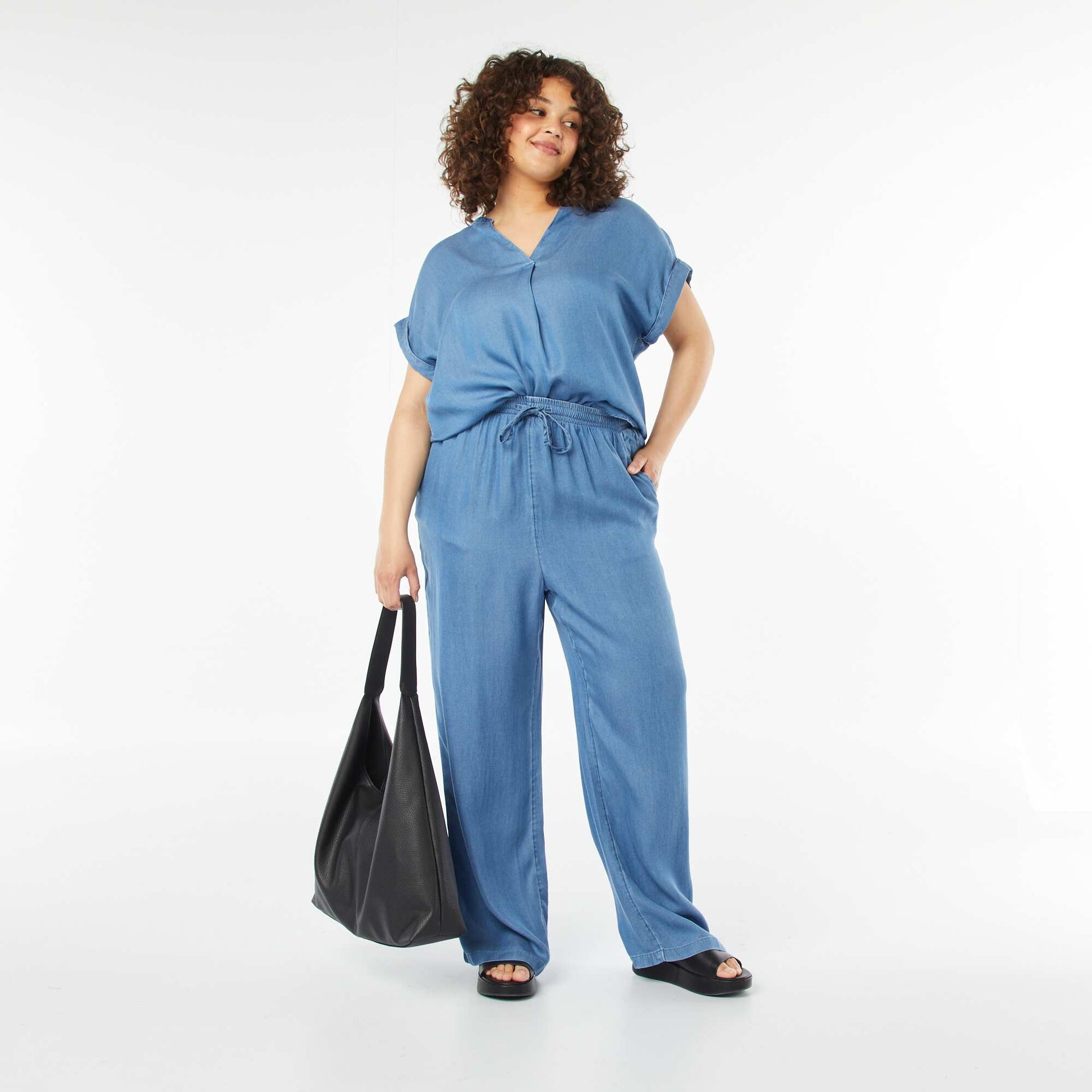 Pantalon large en tencel avec taille élastiquée BLEU