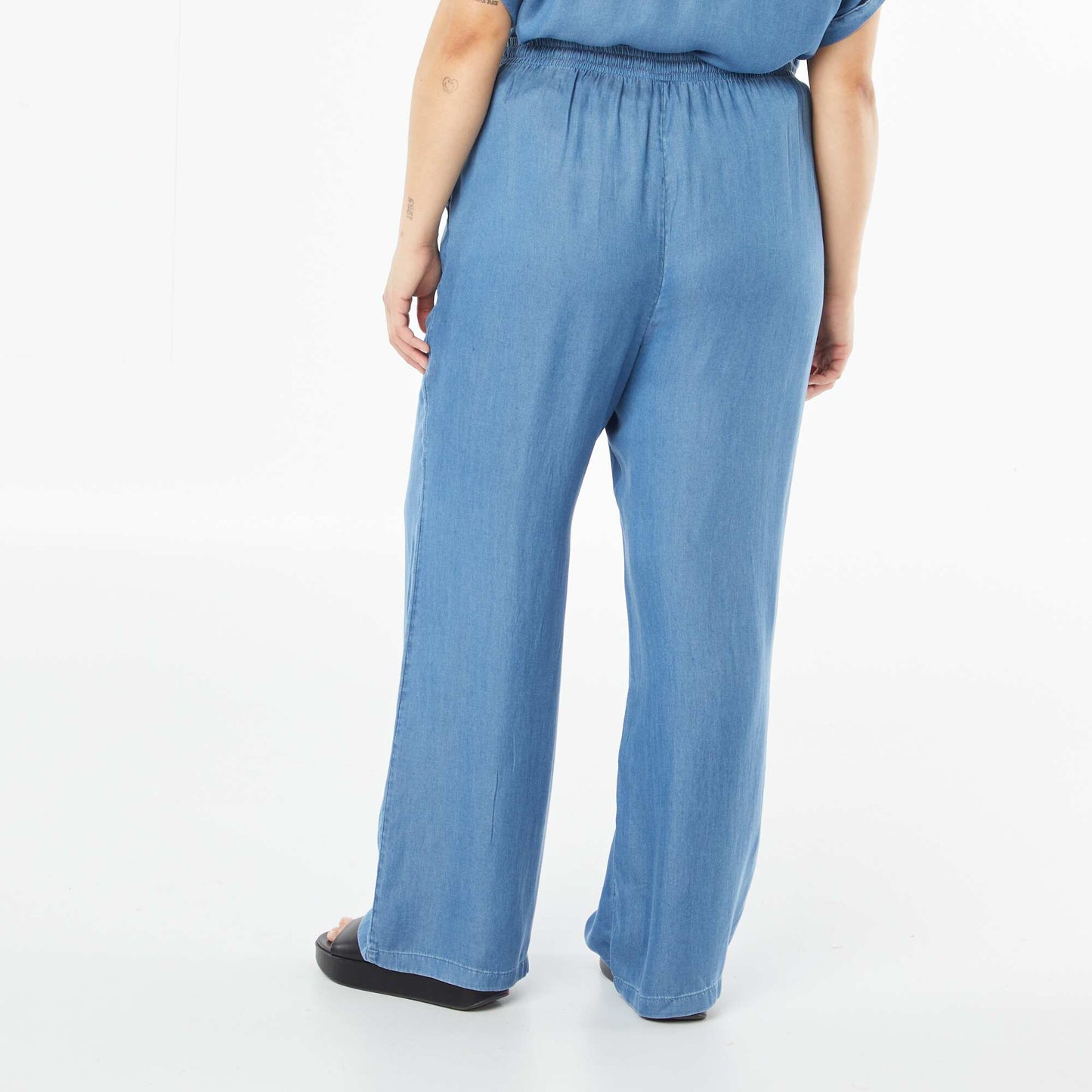 Pantalon large en tencel avec taille élastiquée BLEU