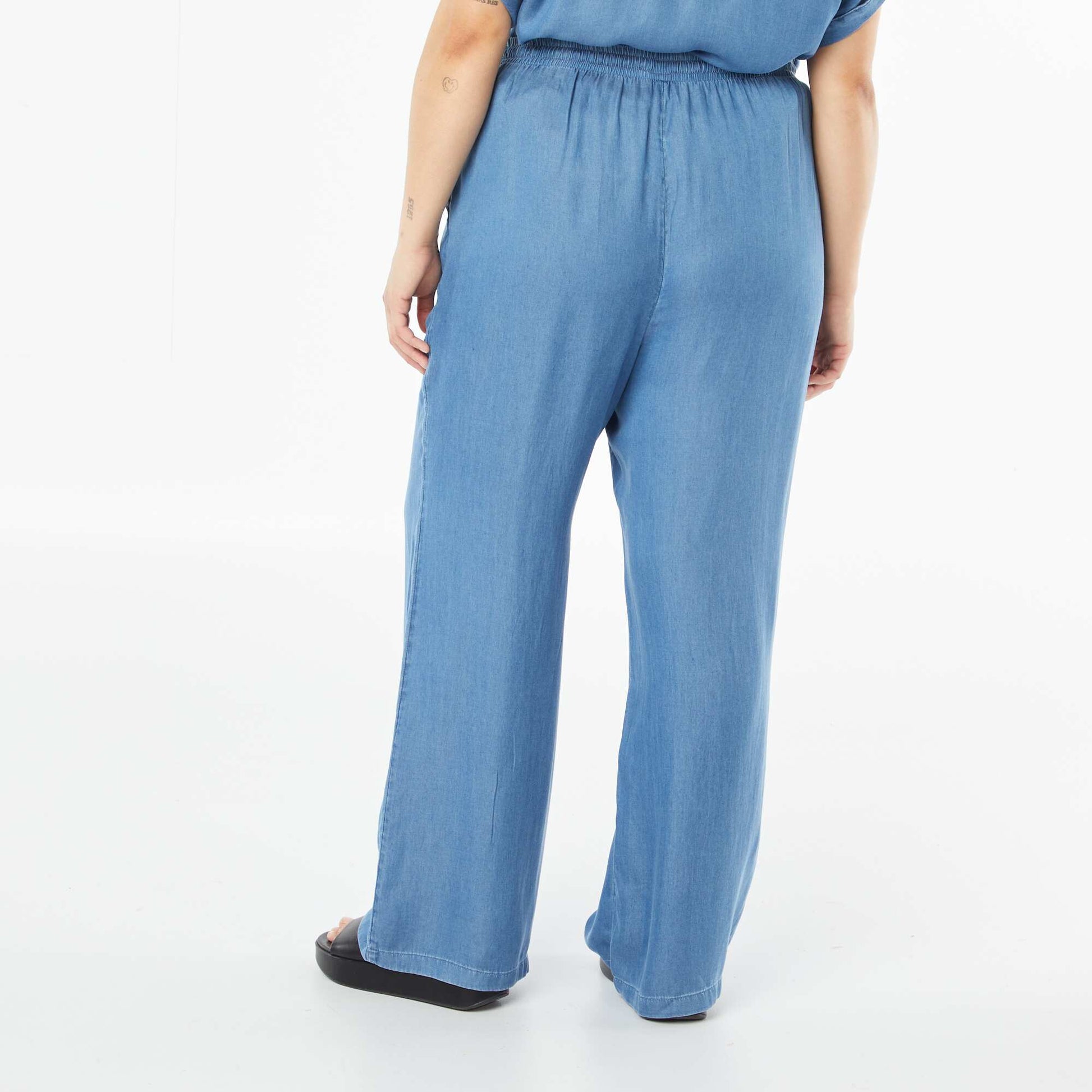 Pantalon large en tencel avec taille élastiquée BLEU
