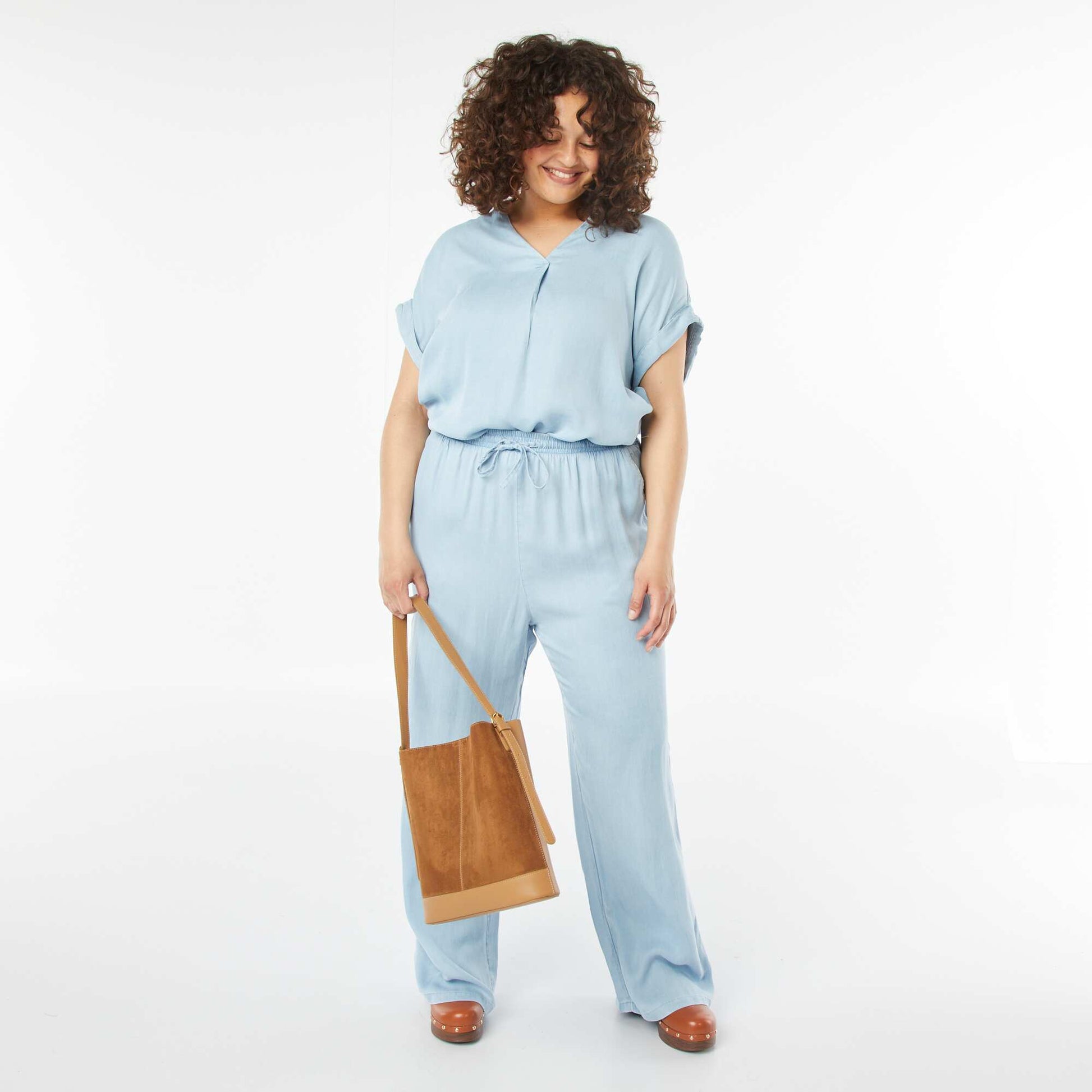 Pantalon large en tencel avec taille élastiquée BLEU