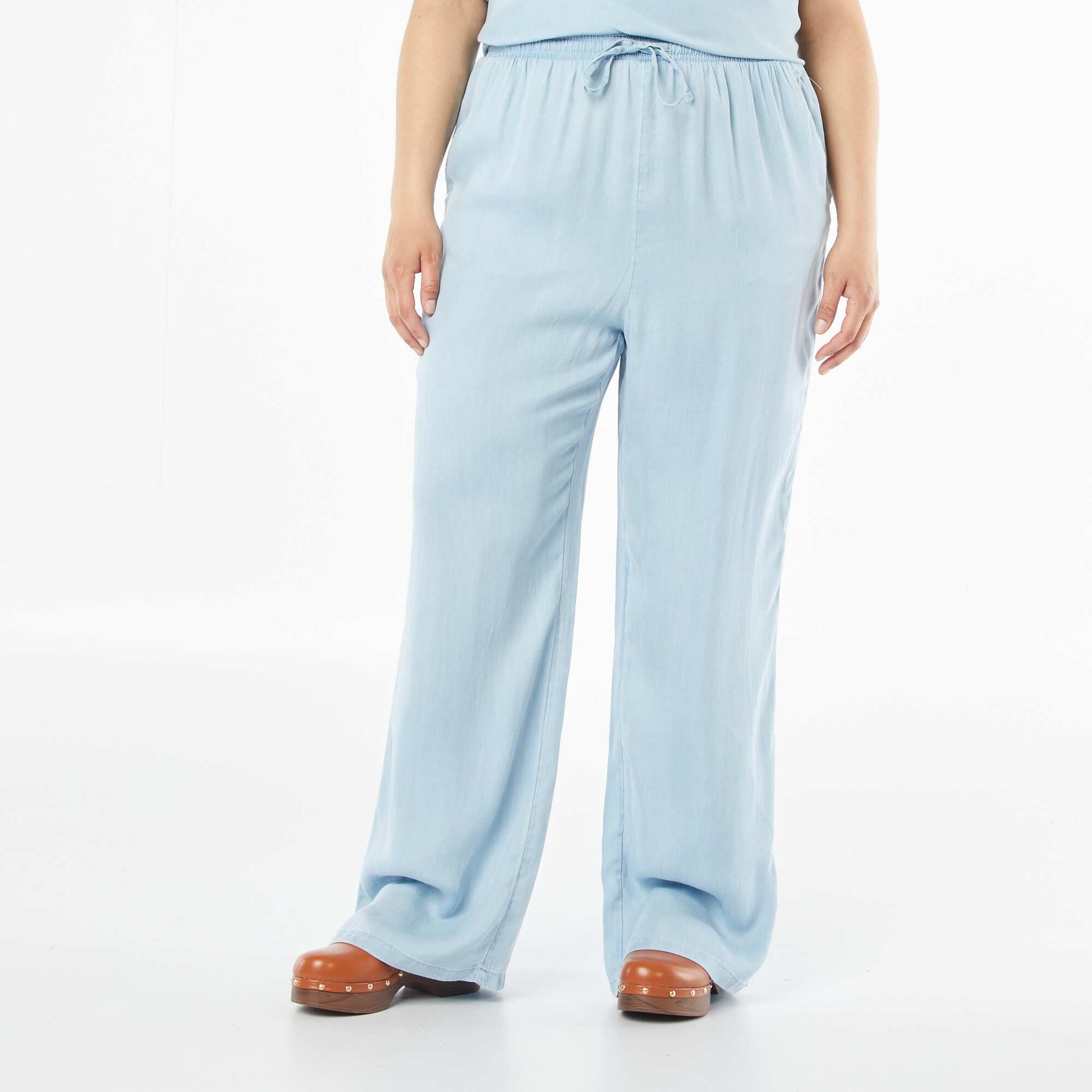 Pantalon large en tencel avec taille élastiquée BLEU