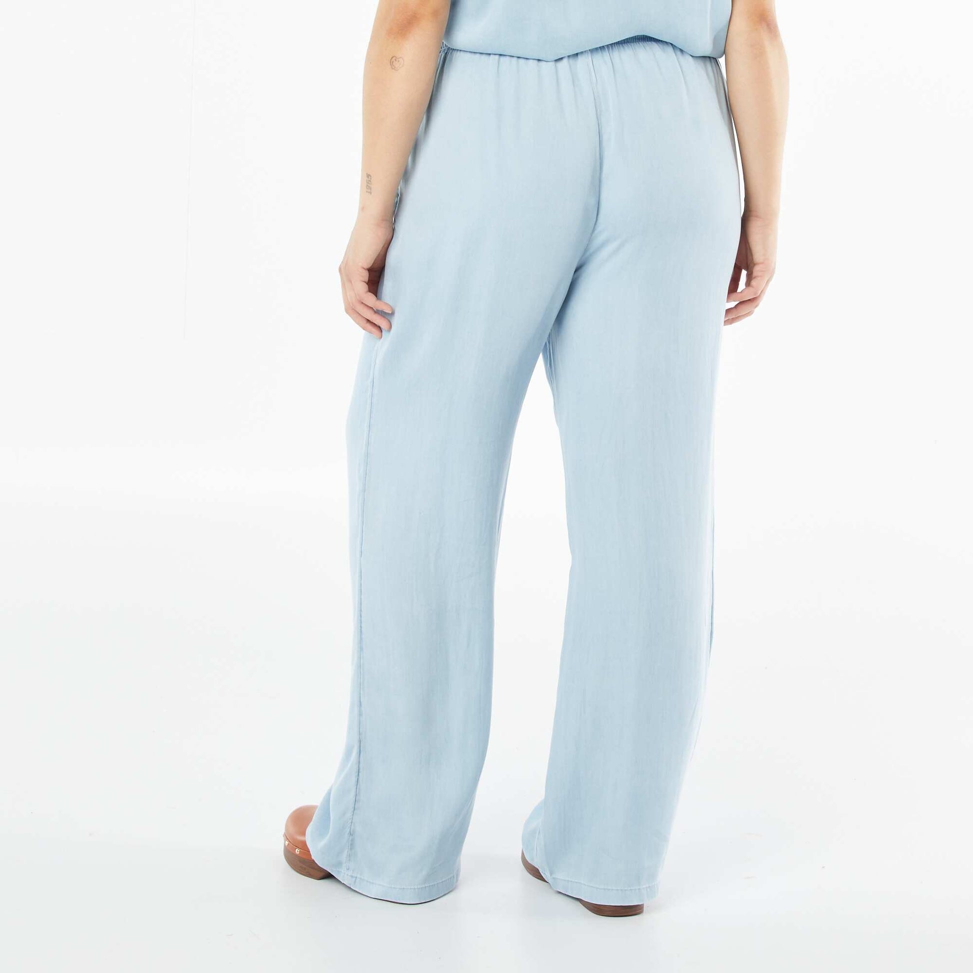 Pantalon large en tencel avec taille élastiquée BLEU