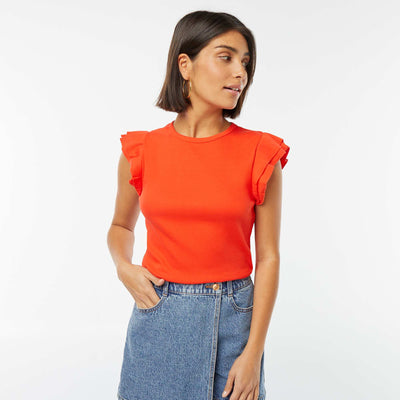 T-shirt manches courtes volantées ROUGE