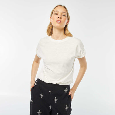 T-shirt uni à col rond et manches courtes à revers BLANC