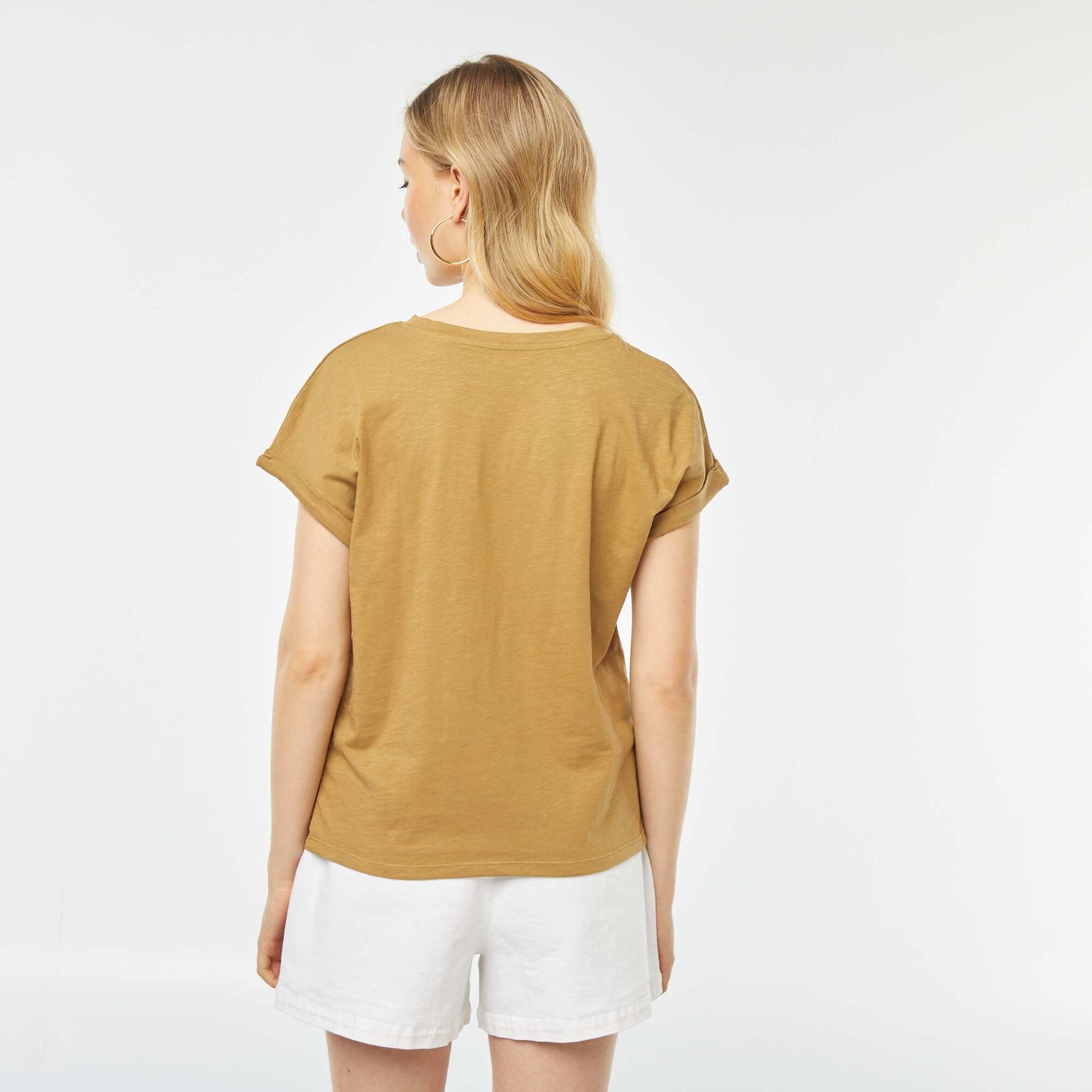 T-shirt uni à col rond et manches courtes à revers VERT