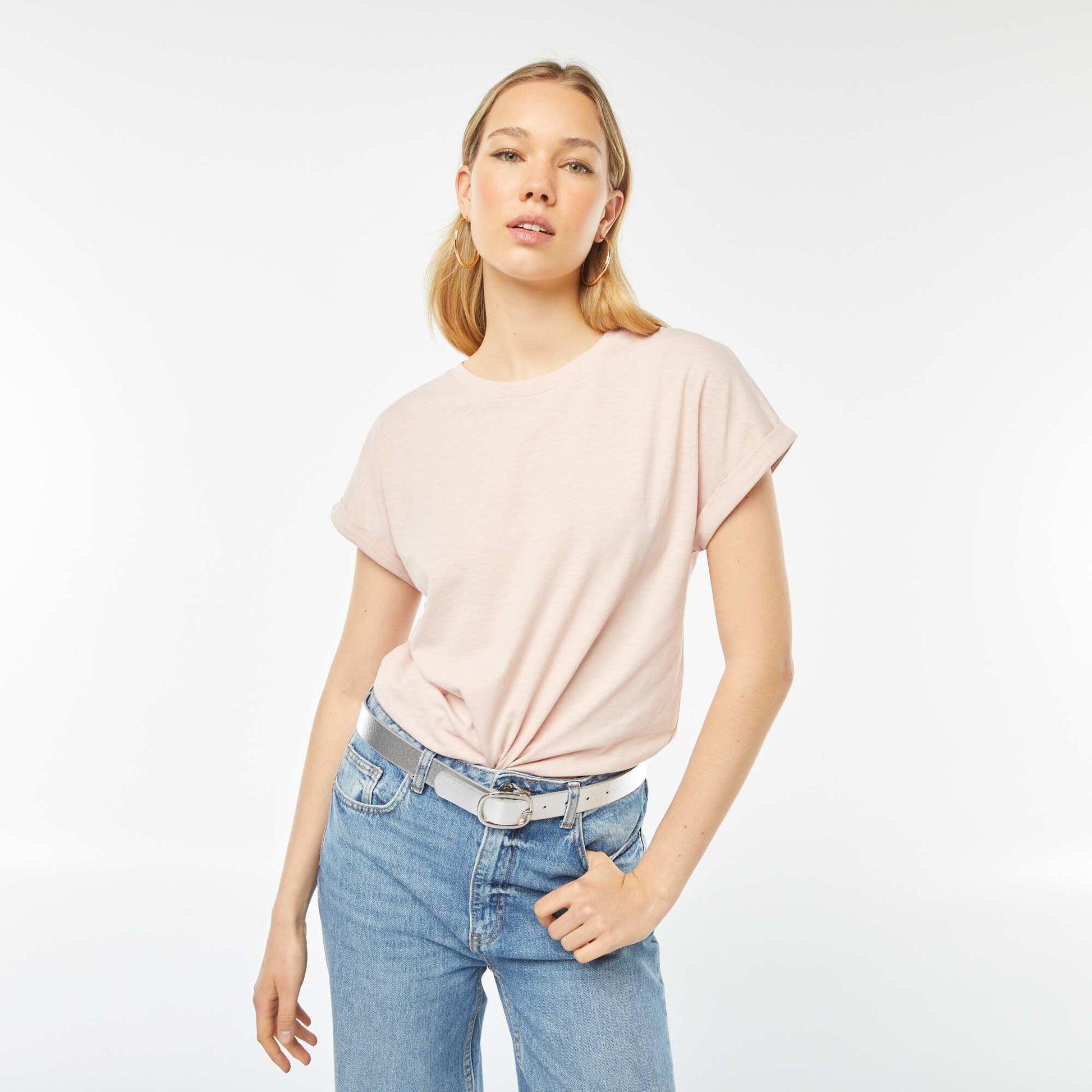 T-shirt uni à col rond et manches courtes à revers ROSE