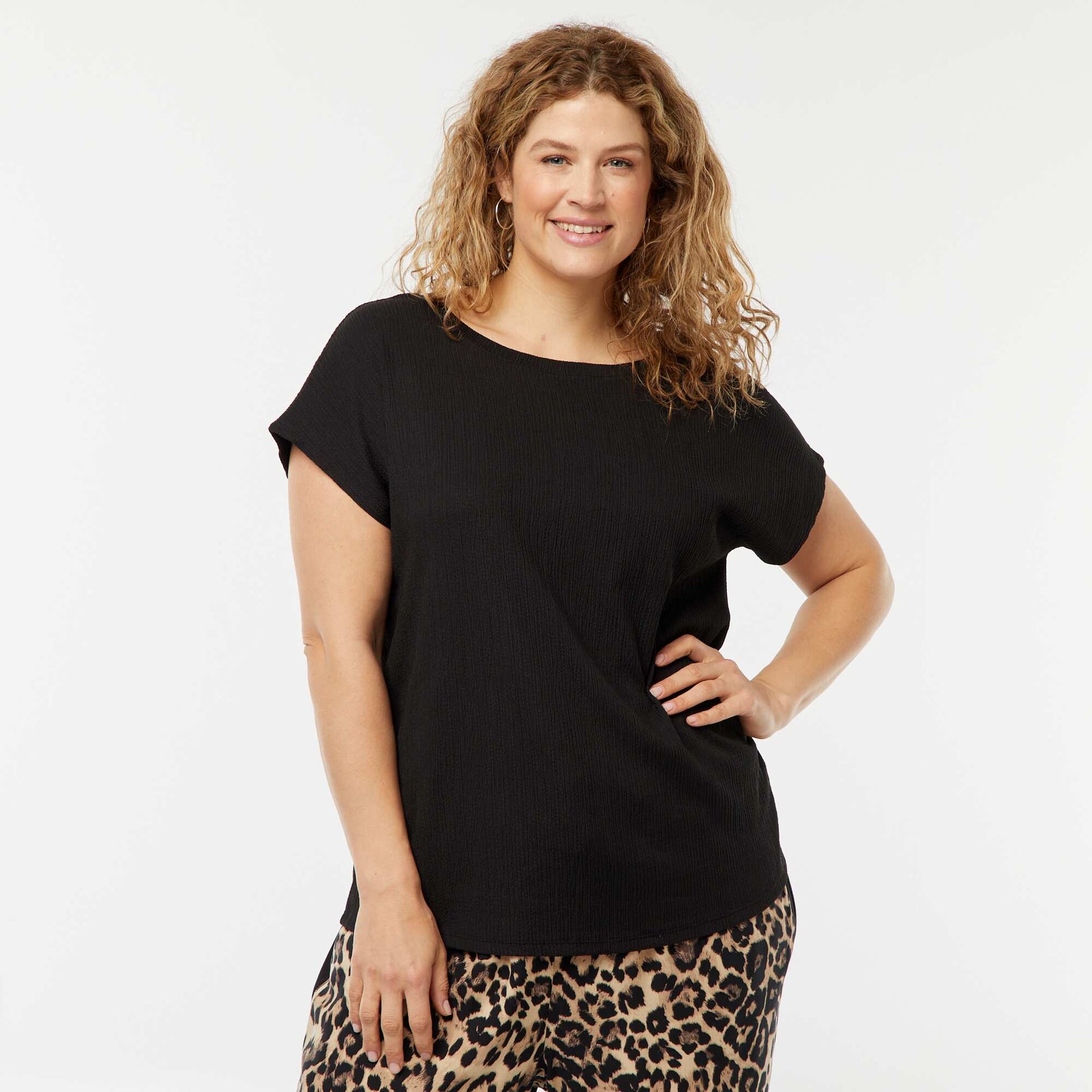 T-shirt fluide en maille gaufrée NOIR