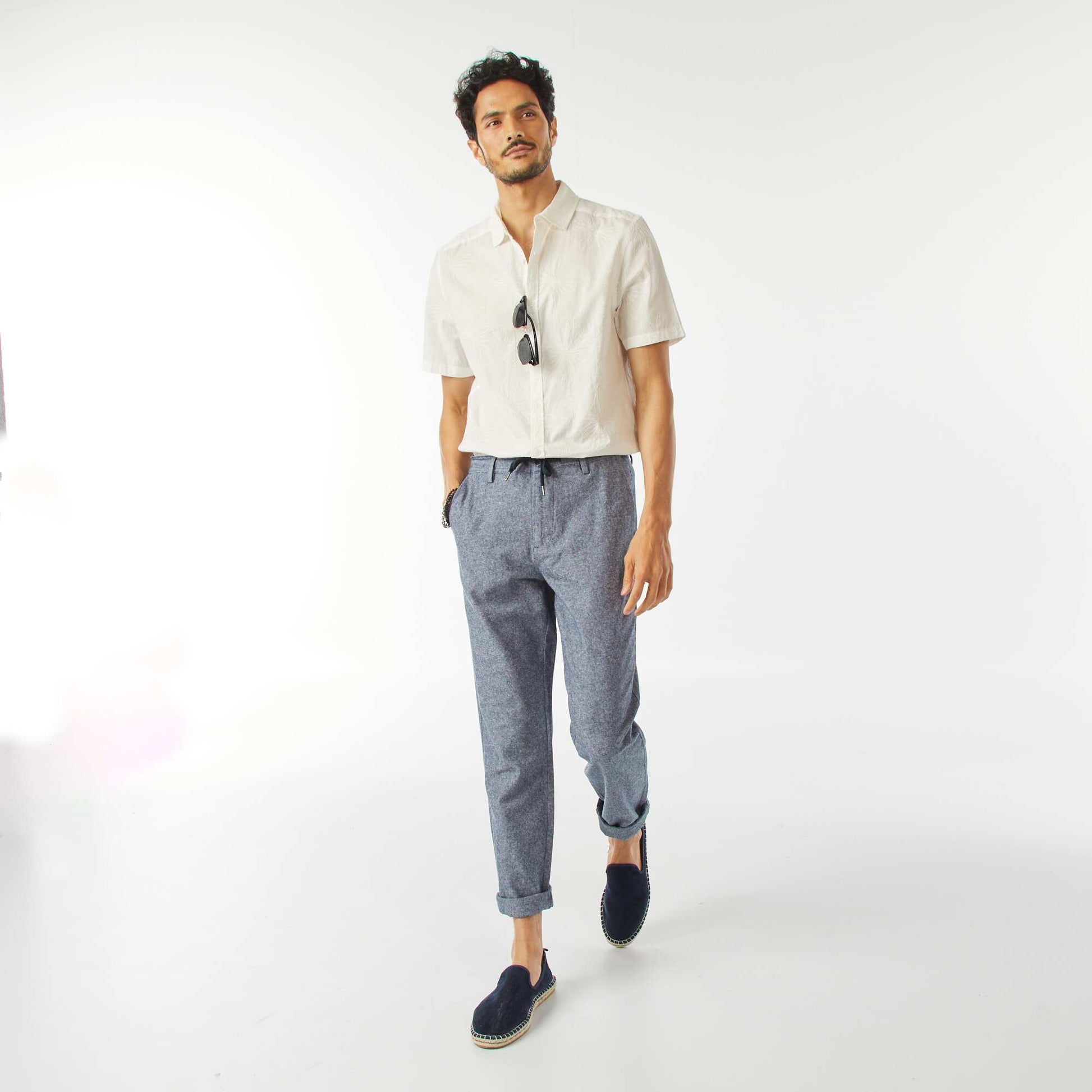 Chemise manches courtes à motifs brodés BLANC